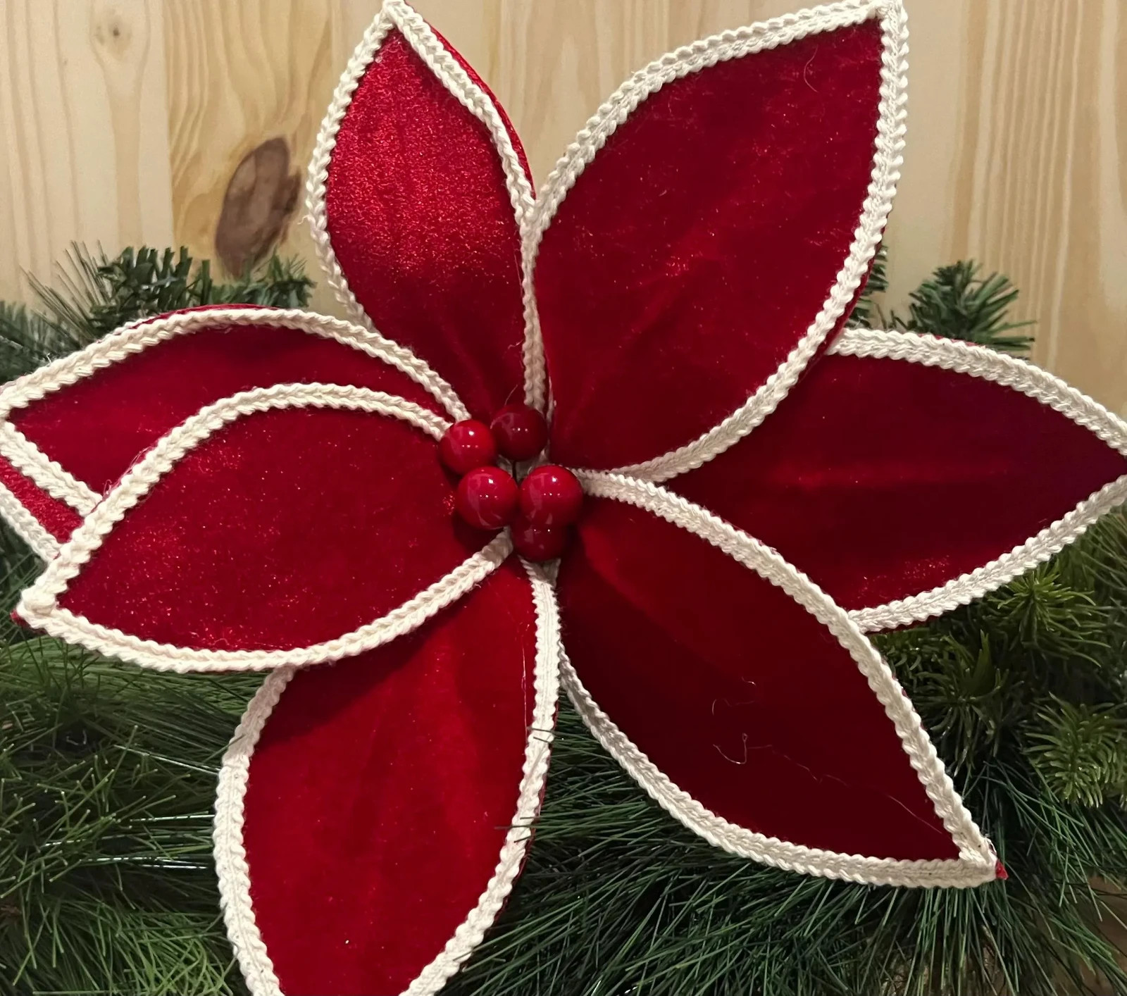 Red Velvet Natural Trim Edge Christmas Poinsettia Stem Flower Accent 24 inches