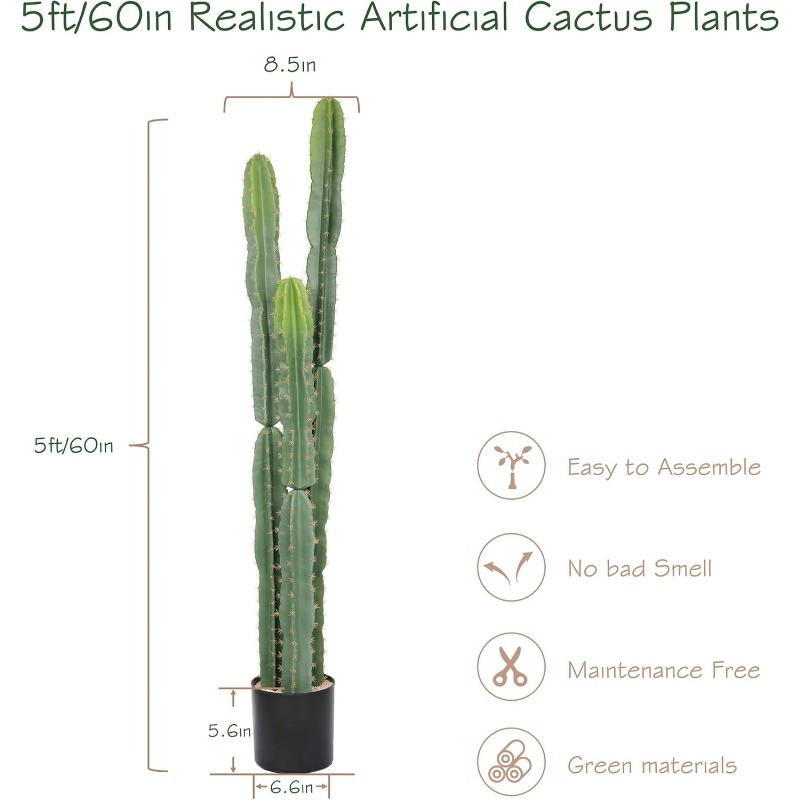 Resistant 5ft Large Artificial Cactus with Black Pot, 60in Realistic Faux Plants
