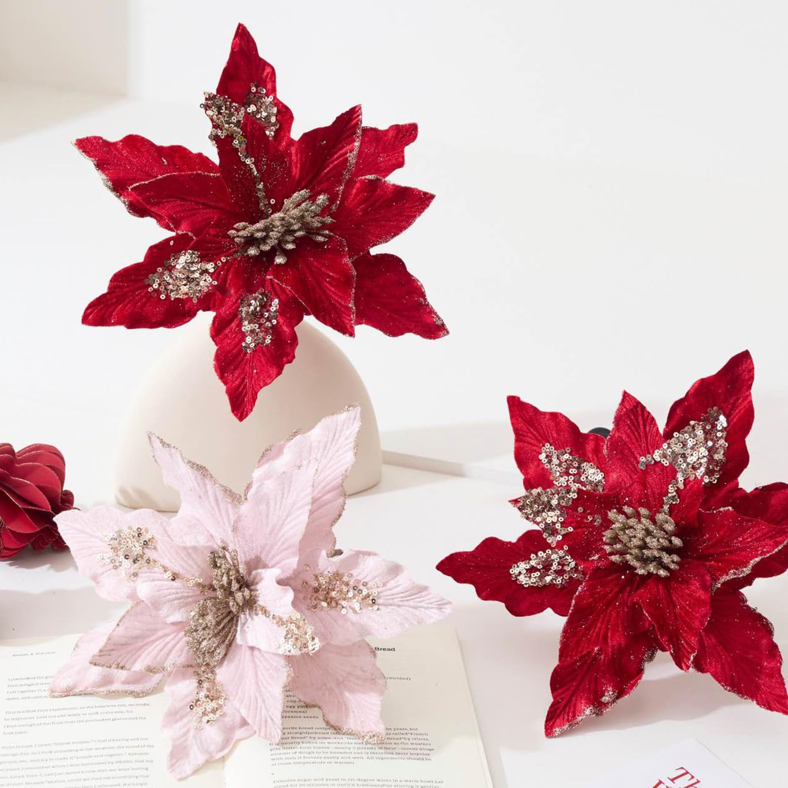 6 PCS Red Christmas Poinsettia Artificial Flowers Glitter Tree Wreath Decor