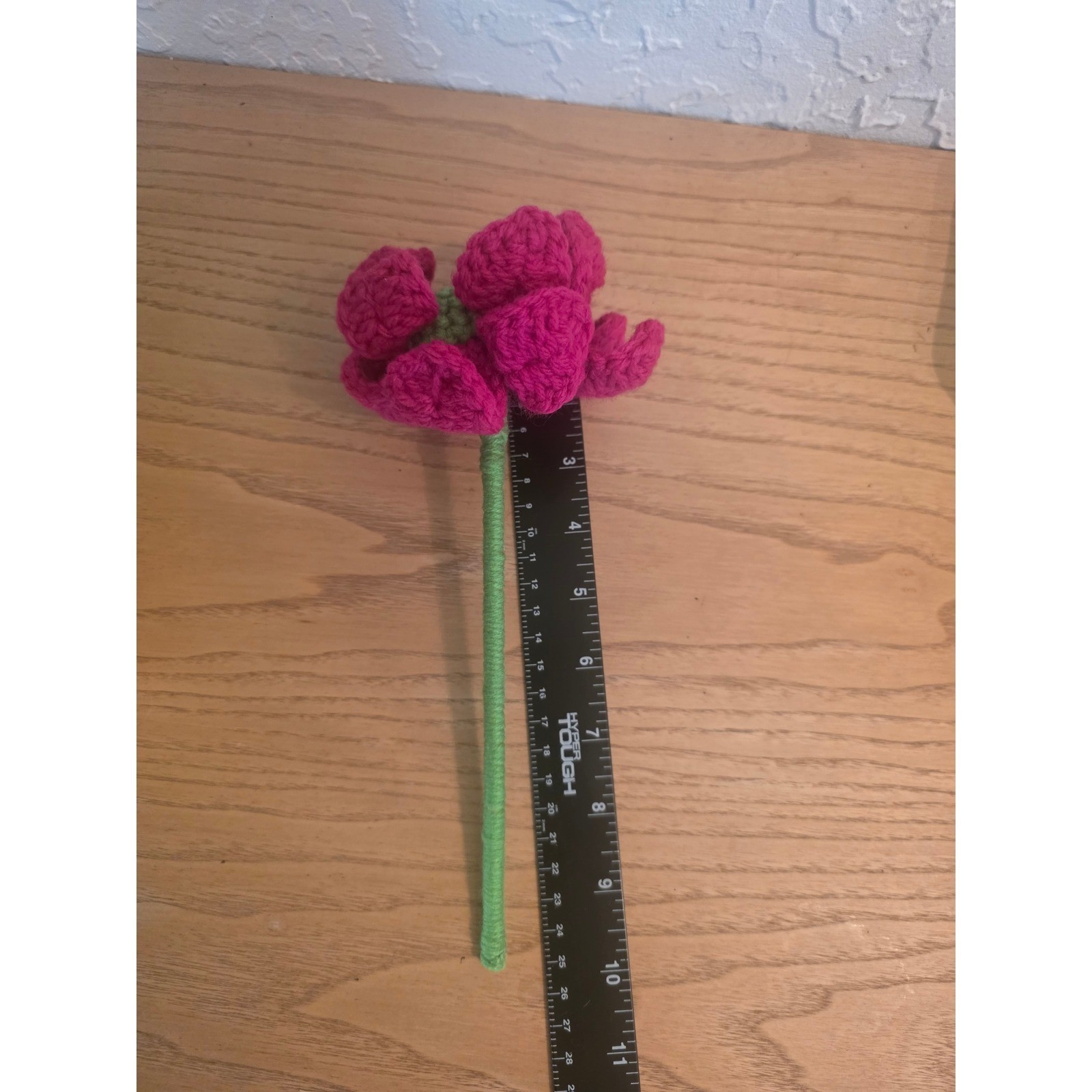 Handmade Crochet Flower Fuchsia Pink Green Stem Amigurumi Decor 10 Inch