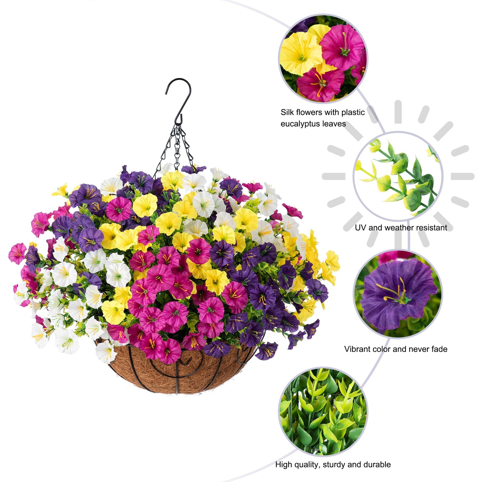 HyeFlora Artificial Hanging Flowers Faux Plants Basket for Outdoors Spring De…