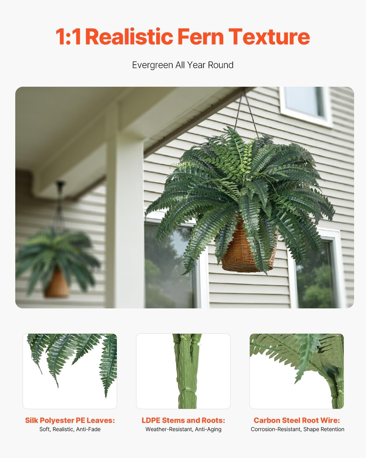 Large 47″ Artificial Boston Ferns – 2 Pcs Faux Plants for Home & Garden