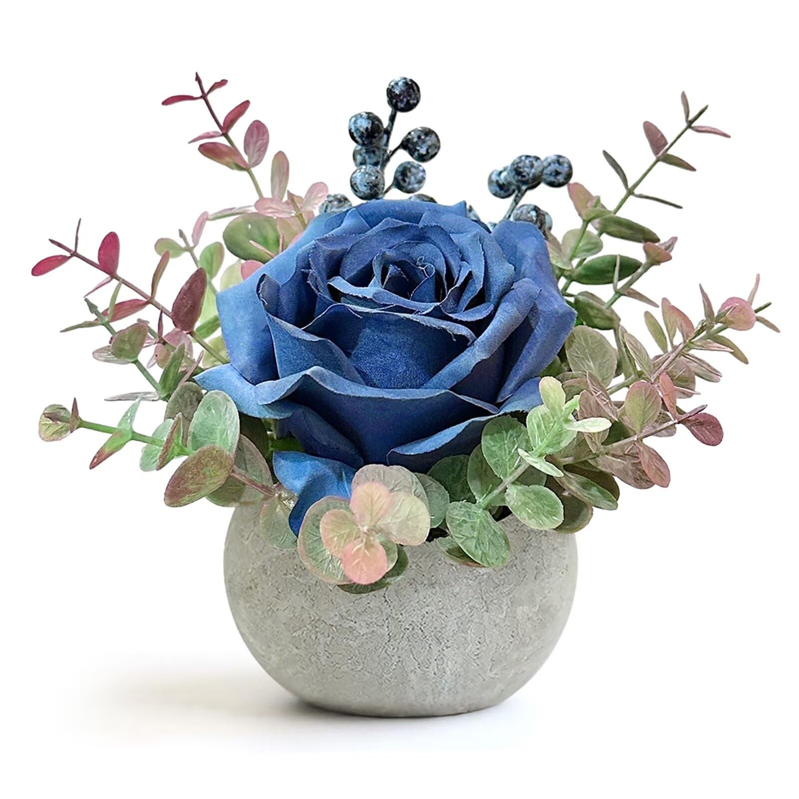 1 PC Artificial Flowers Pots Blue Rose Small Potted Plants Fake Vase Decor