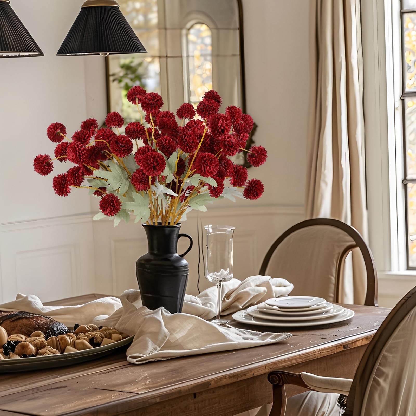 12 PCS Burgundy Red Kiku Pom Pom Chrysanthemum Artificial Flower Fall Decor