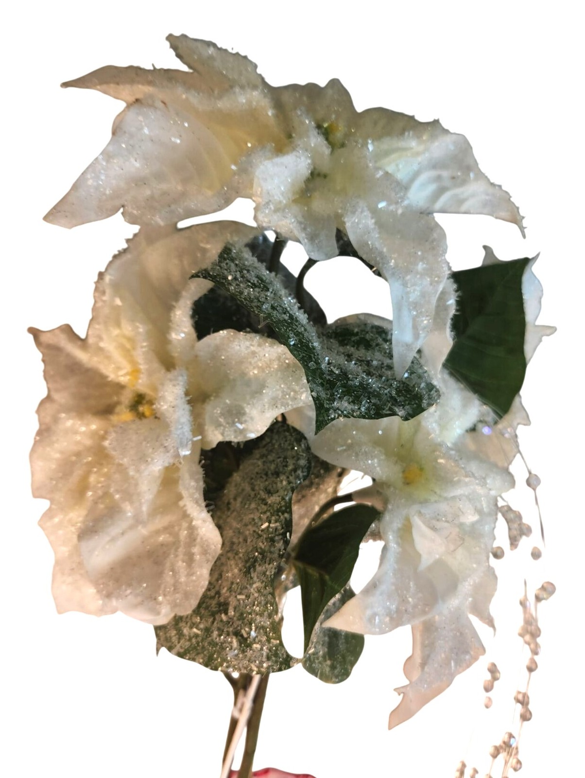 White Glitter Poinsettia Artificial Flowers With Crystal Bead Accents 4 Stems &