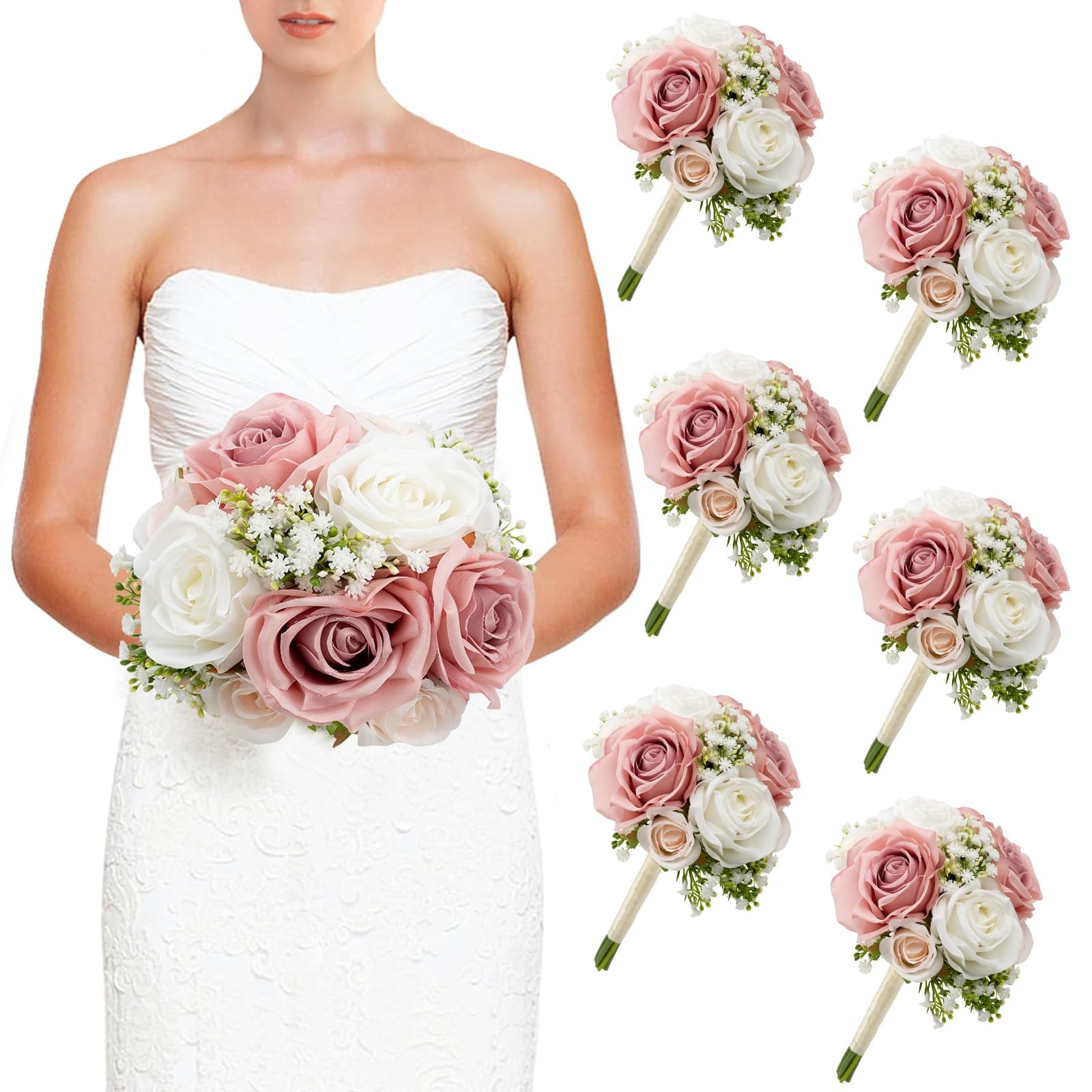 DIYDOFUN Wedding Bridesmaid Bouquets Set of 6, Artificial Silk Flowers Arrang…