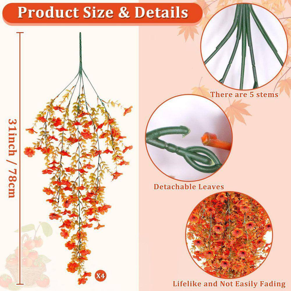 5 In. H Orange Artificial Hanging Fall Flowers 4-Pieces Fake Mums for Outdoor UV