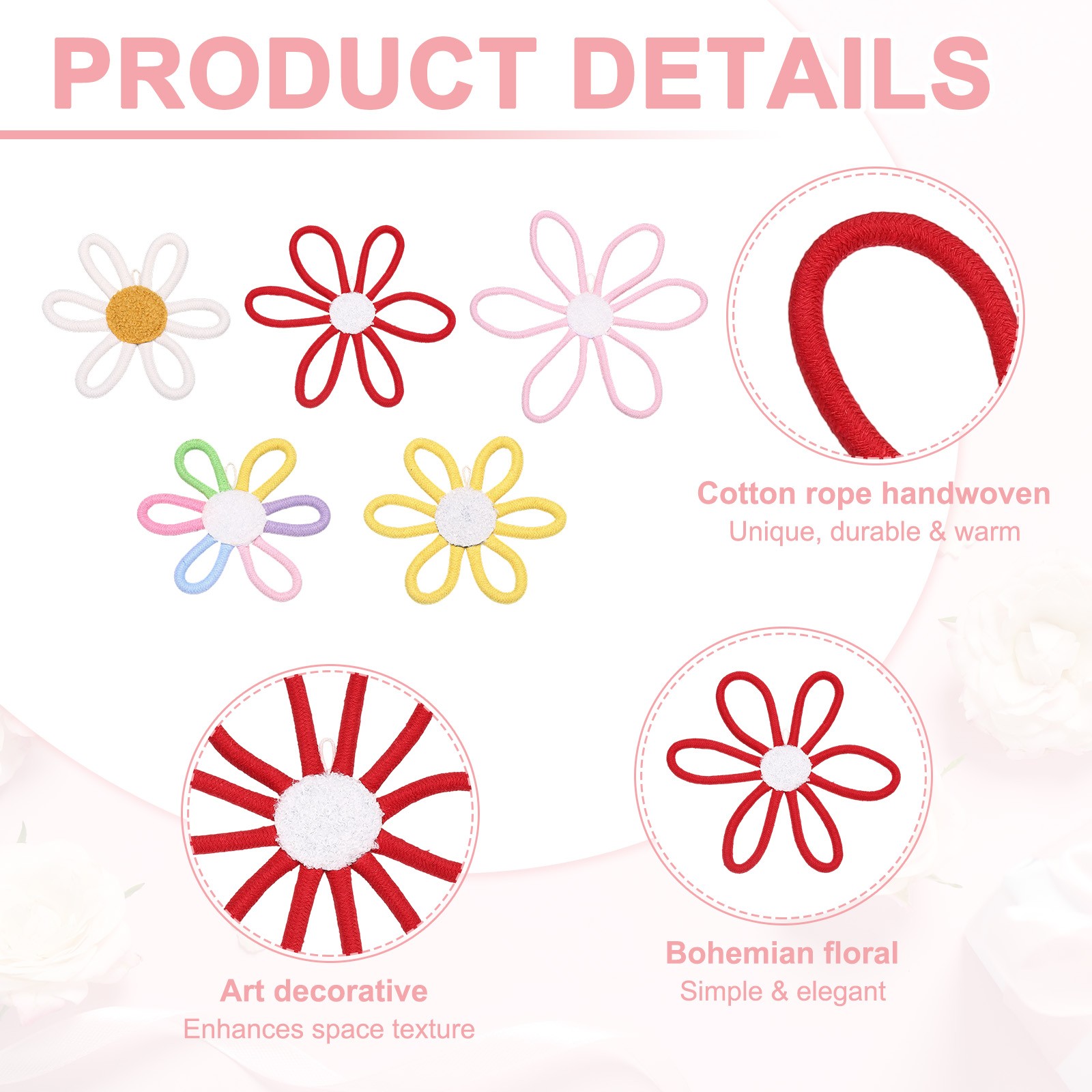 3 Pcs Daisies Floral Wall Decor, 10″ Flower Art Decor Woven Macrame Red