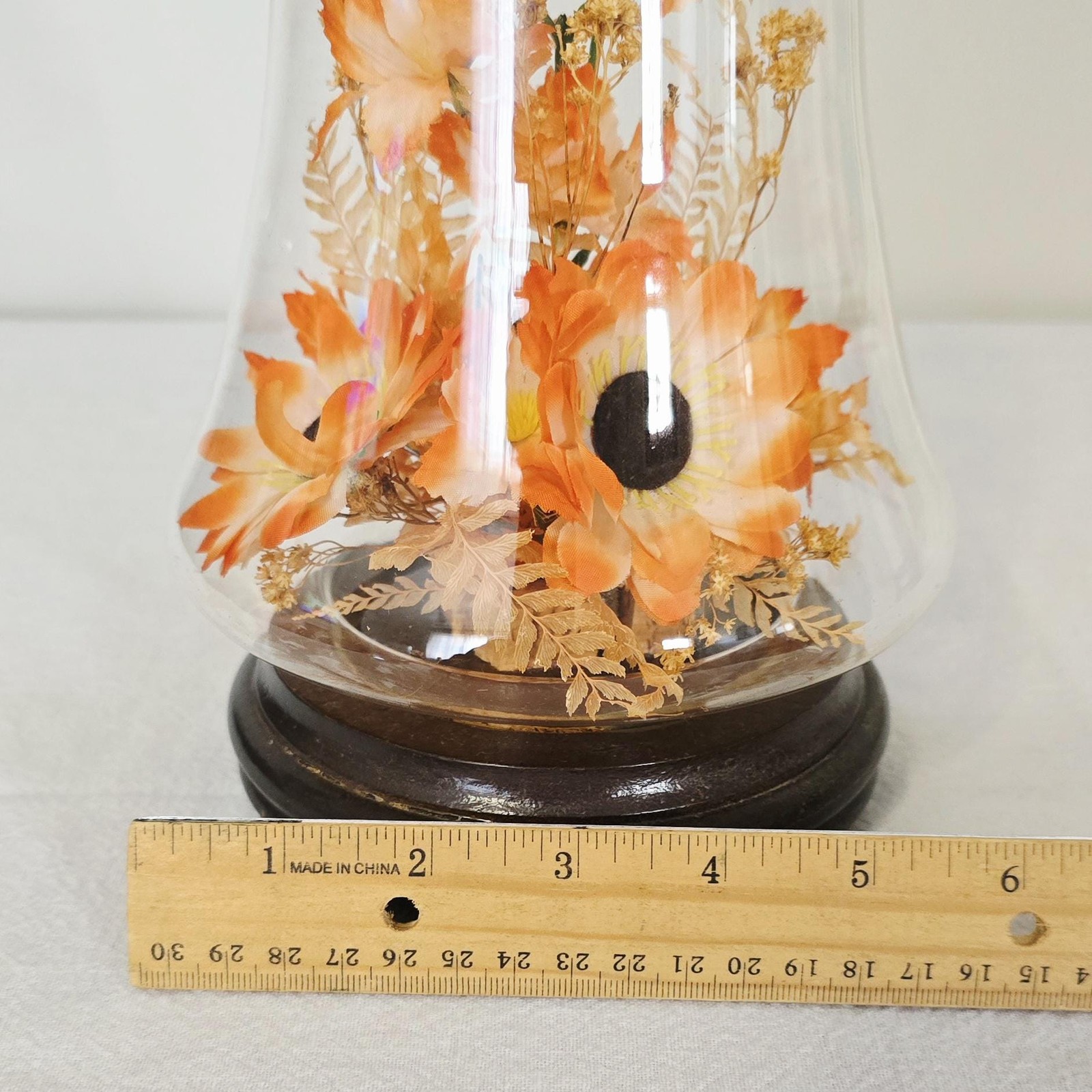 Vintage Kmart Orange Faux Floral Arrangement Glass Cloche, Bell Jar Dome on