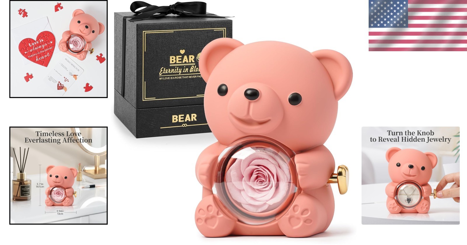 Real Preserved Rose Teddy Bear with Jewelry Compartment