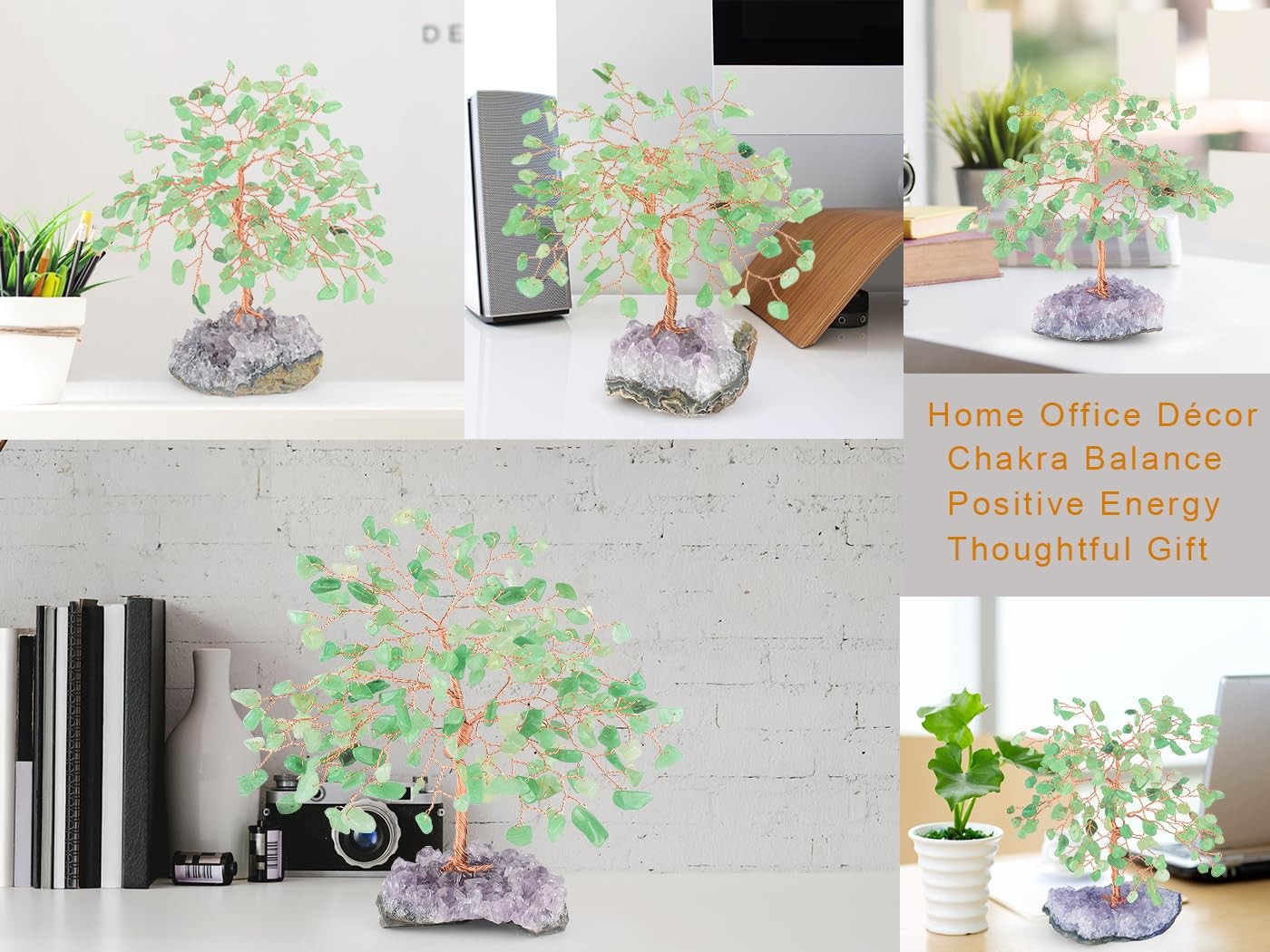 Gemstone Crystal Tree of Life,Natural Green Aventurine with Amethyst Cluster Bas