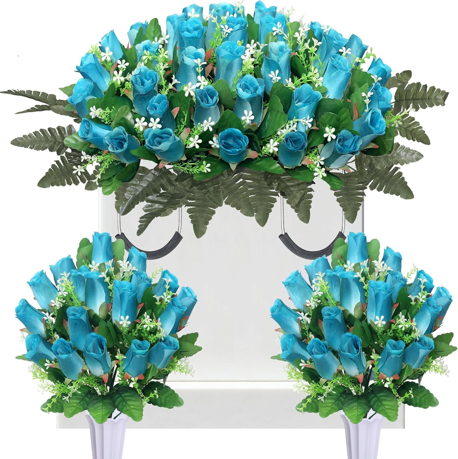 Deep Blue Artificial Cemetery Flowers – 3 Sets for Grave Decoration