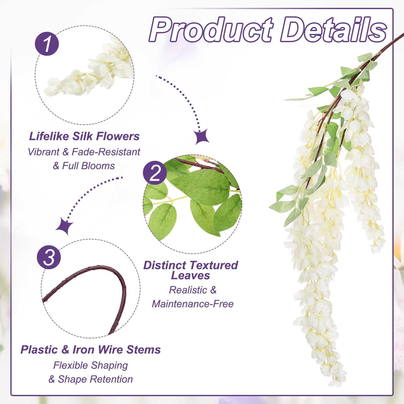 2 Pcs Artificial Wisteria Hanging Flower 3.9 ft Fake Hang Floral White/Champagne