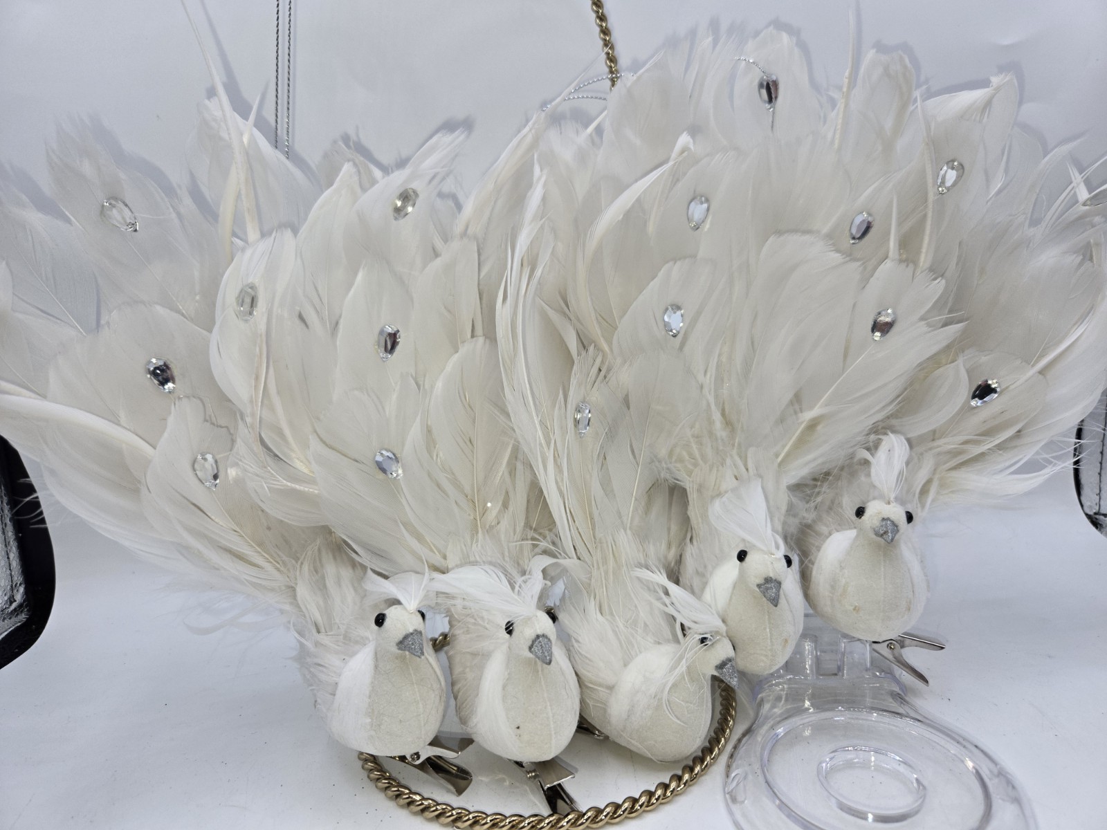 5~Artificial White Peacock Bird Glitter Gems Feather Decoration Hang or Clip-On