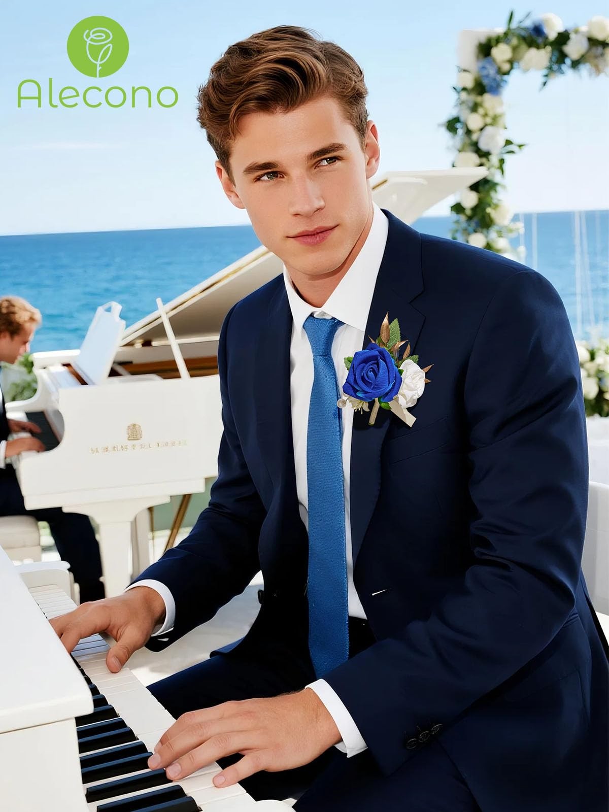 Navy Blue Corsage Boutonniere Set Rose Wristlet Wedding Prom Suit Decor