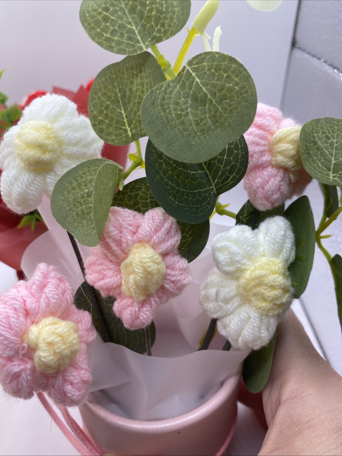 Crochet Flower Bouquet Handmade Yarn Artificial Flower (pink, Red, or Yellow)
