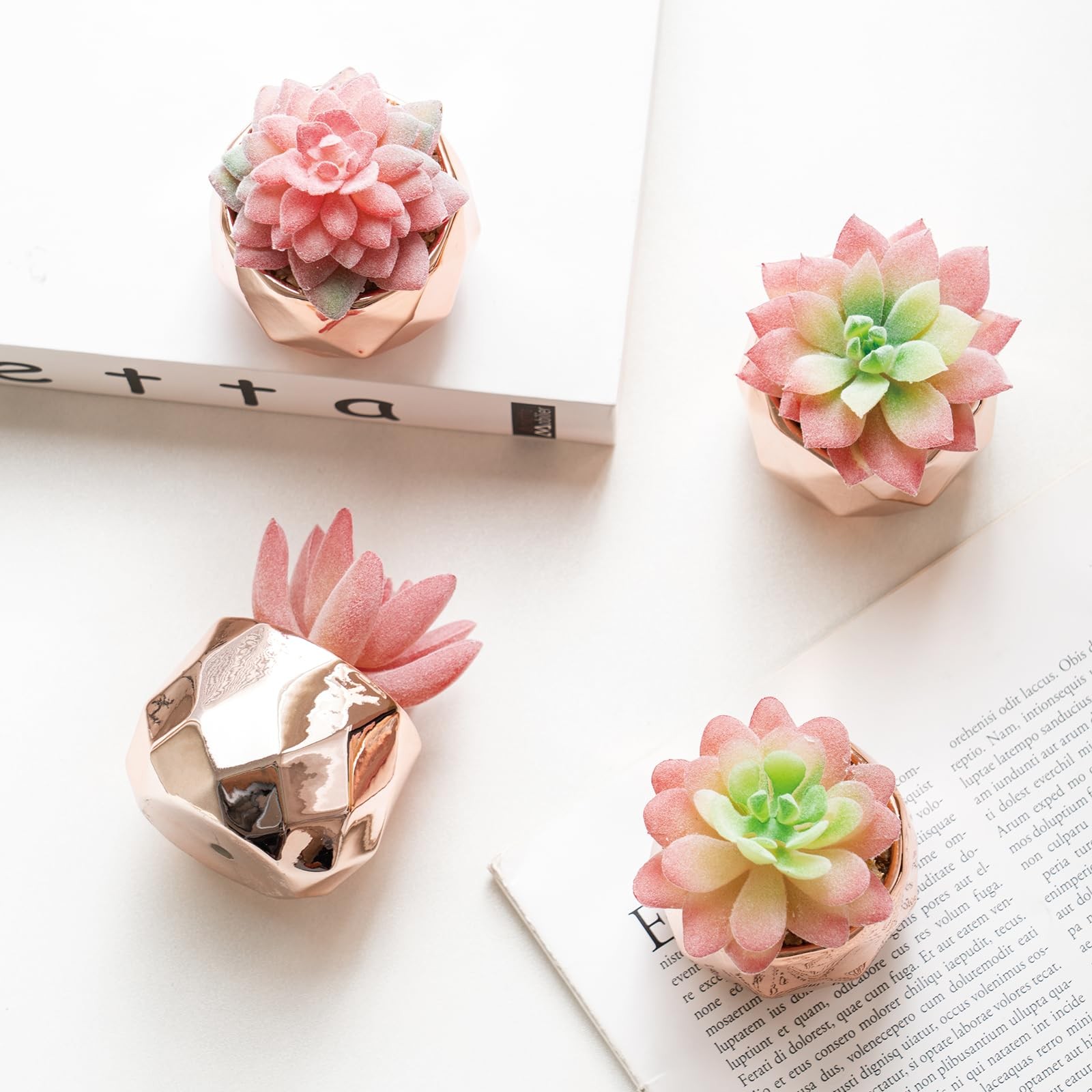 4 Pack Artificial Faux Succulents in Pots, Mini Rose Gold Fake Plants for Des…