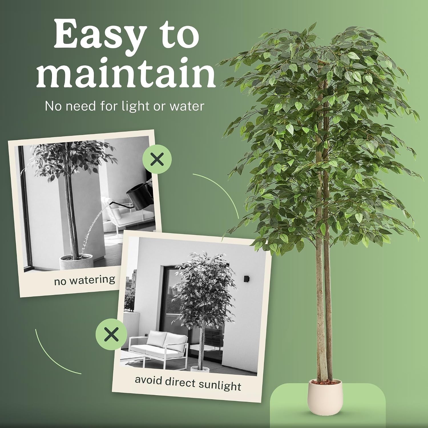 Tall Faux Ficus Plants 6ft Pre Potted with Wood Chips for Home and Office Decor