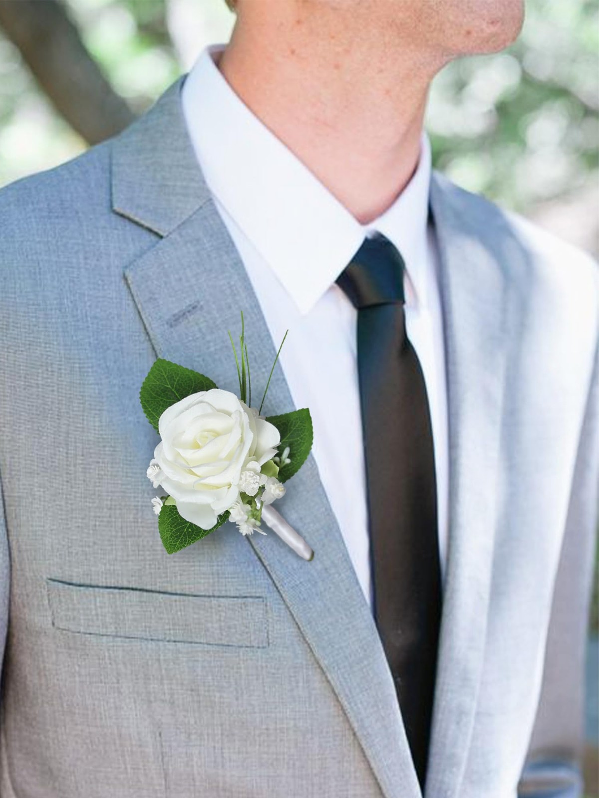 2Pcs White Rose Boutonnieres with Pins for Men, Groom, Groomsmen