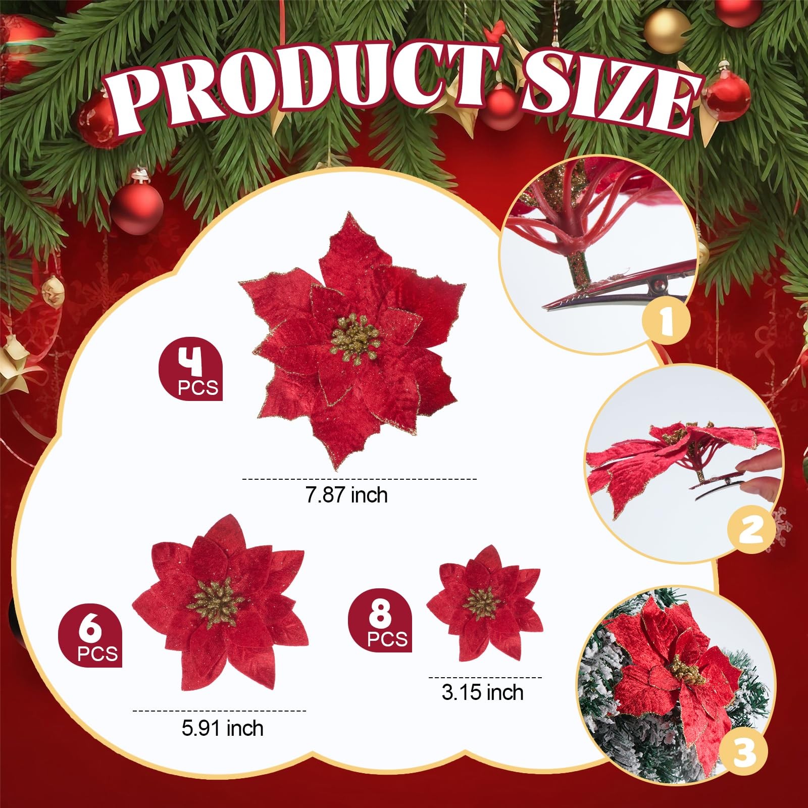 18 PCS 3 Size Velvet Glitter Christmas Poinsettia Flowers Artificial Clips Red