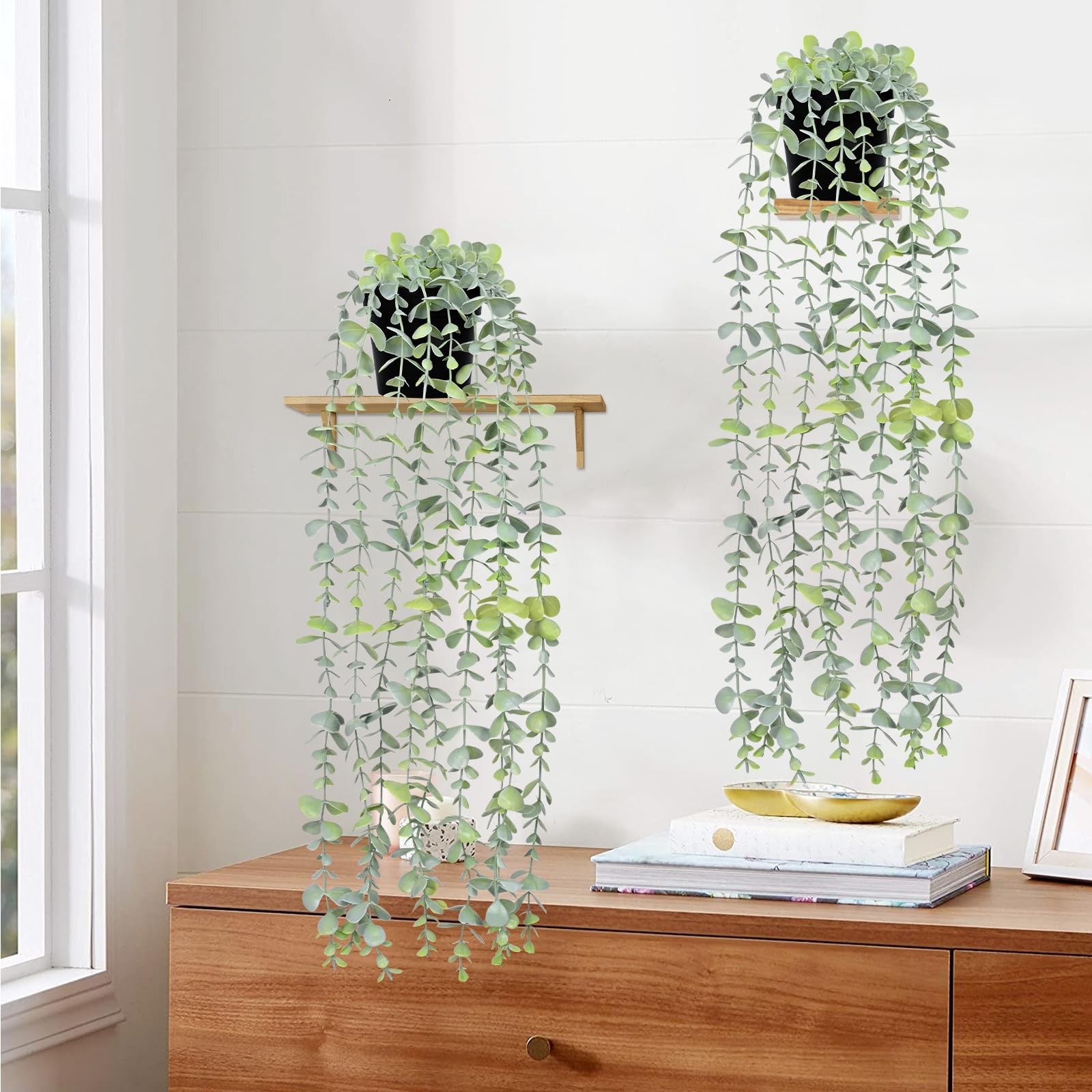 2Pcs Fake Hanging Plants with Pot Light Green Eucalyptus Leaves UV Resistant …