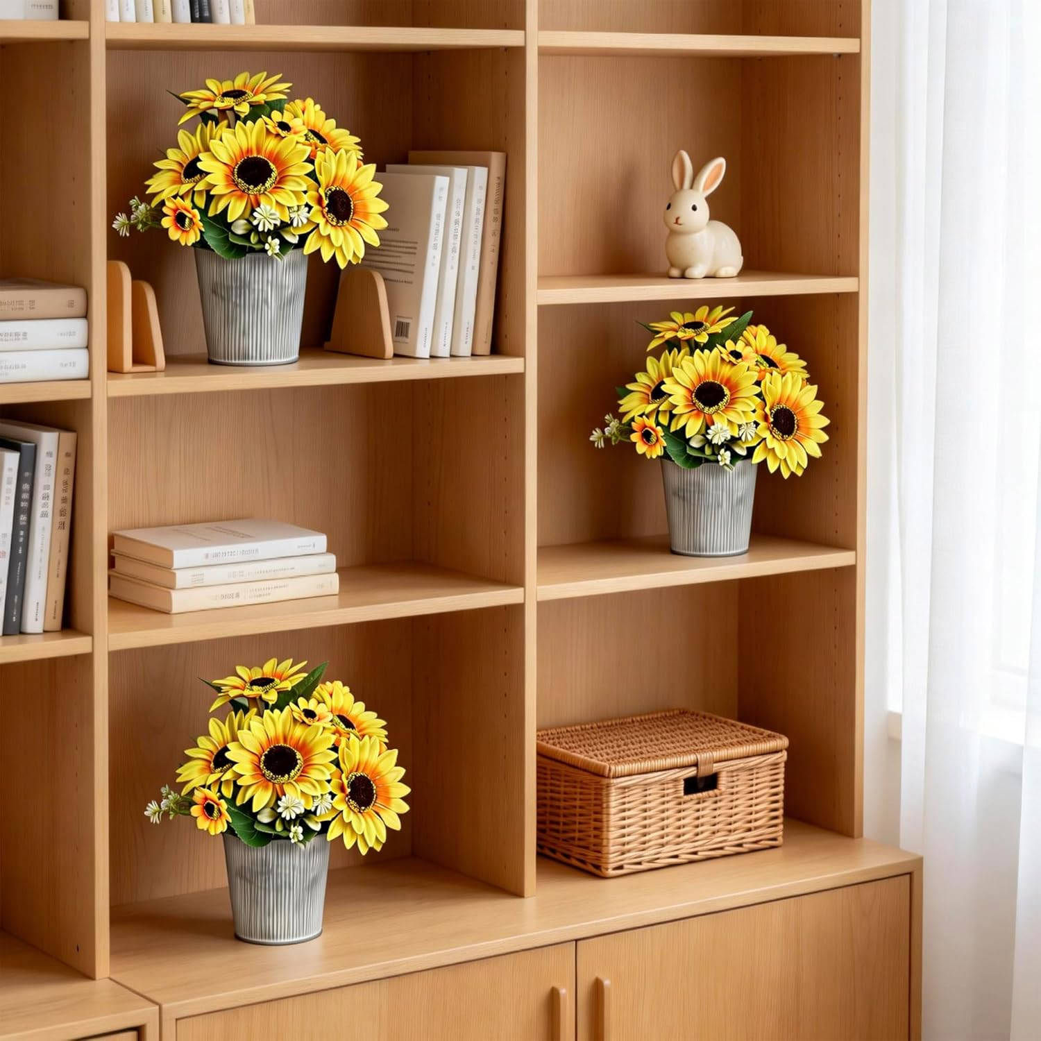 3-Pack Artificial Sunflower Arrangement in Galvanized Metal Pot, Faux Sunflower