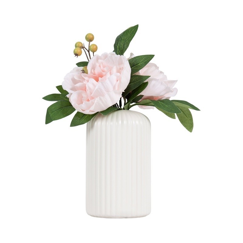 Lifelike Artificial Peony Floral Arrangement Ribbed Black Vase Home Decor Gift