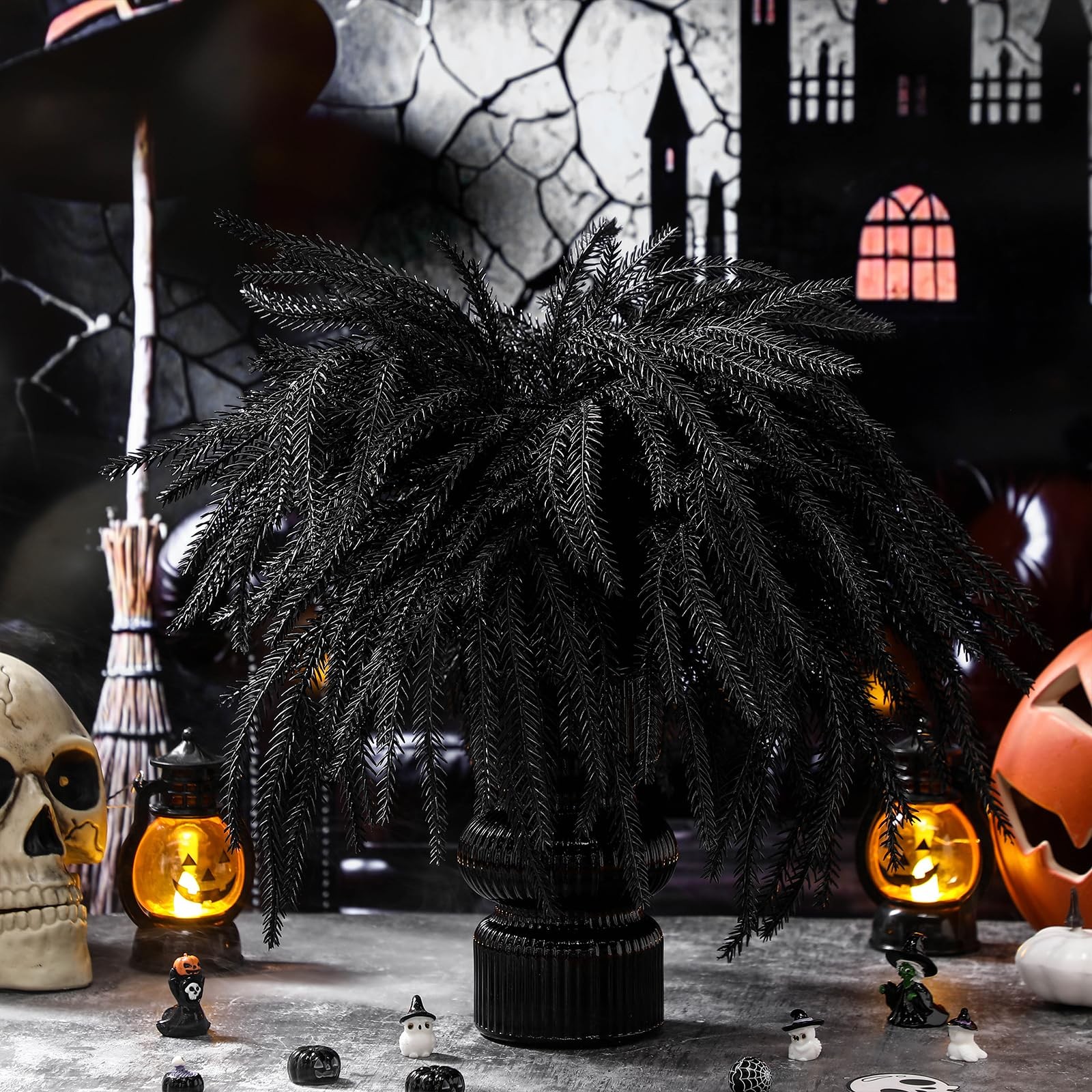12 PCS Halloween Artificial Black Norfolk Pine Branch Faux Flowers 17.7 Inch