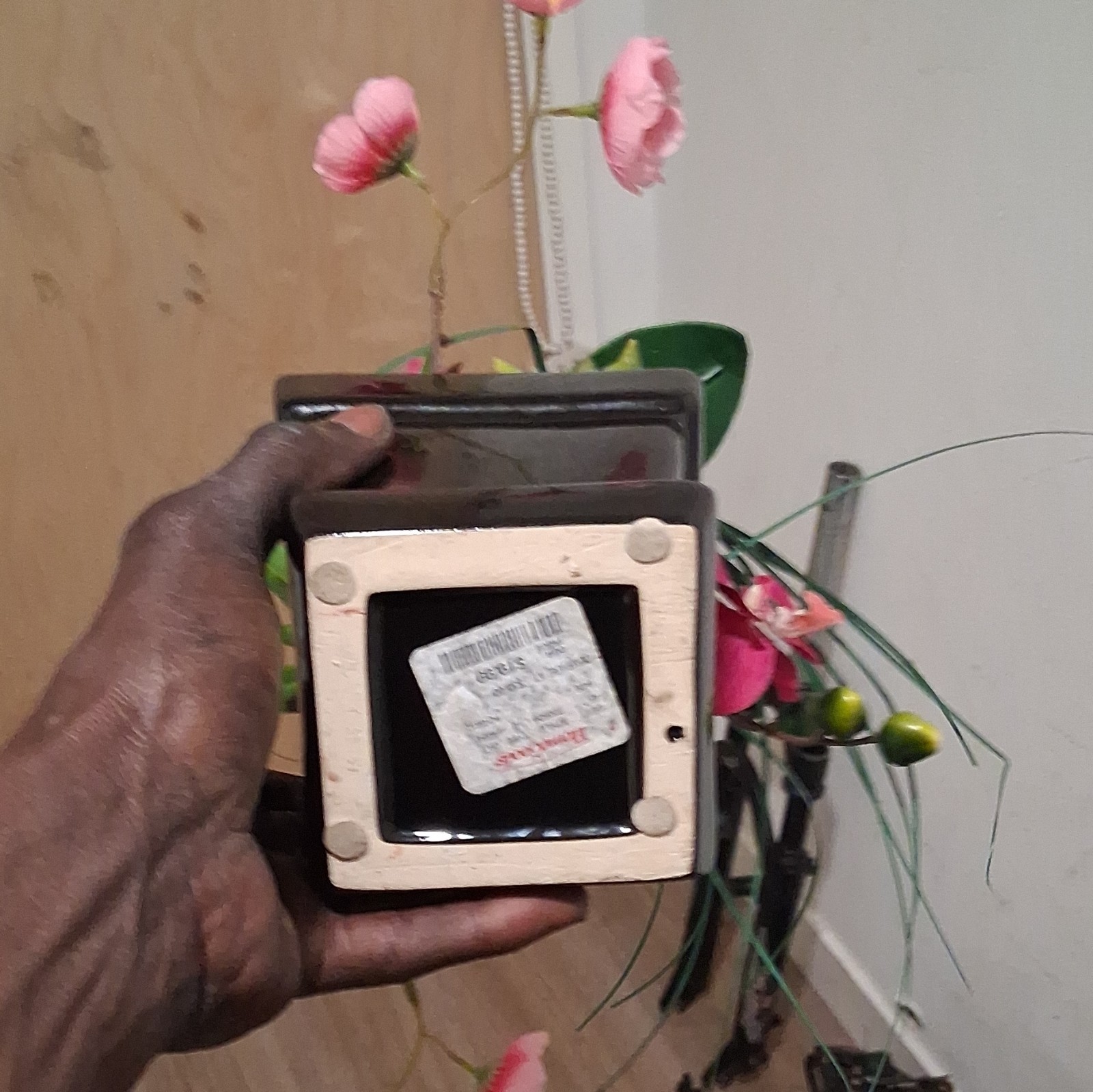 Artificial Pink Orchid Arrangement w/ Greenery Black Square Planter