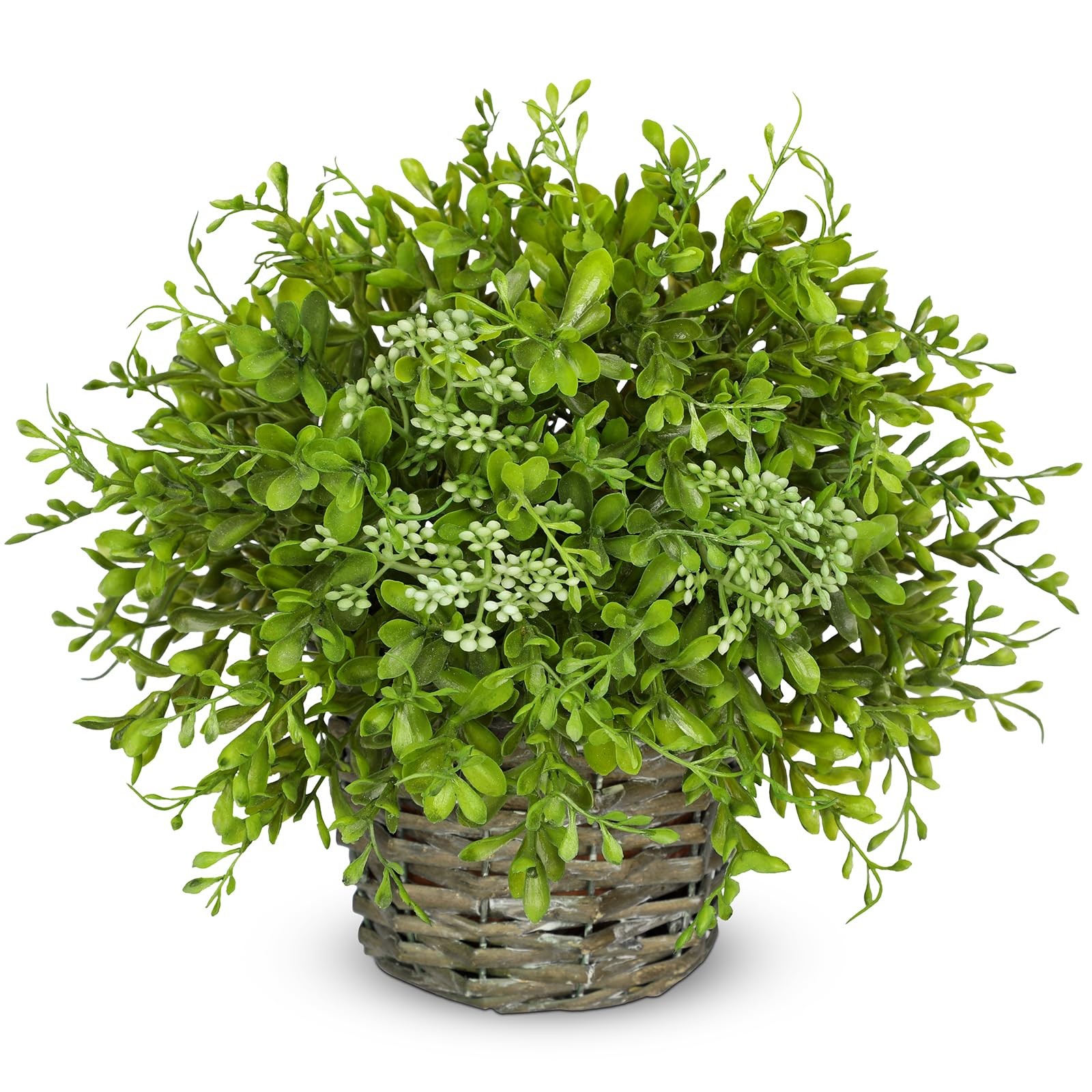 Artificial Boxwood Plant in Woven Pot 9” Fake Potted Plants Topiary Boxwood G…