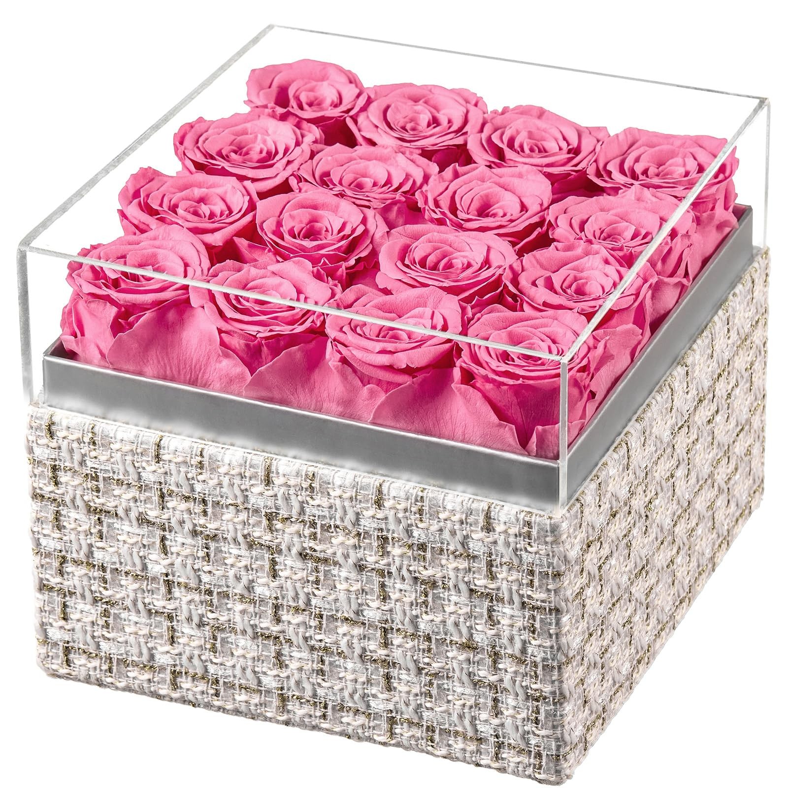 16 PCS Pink Preserved Real Roses Square Gold White Plaid Box Valentines