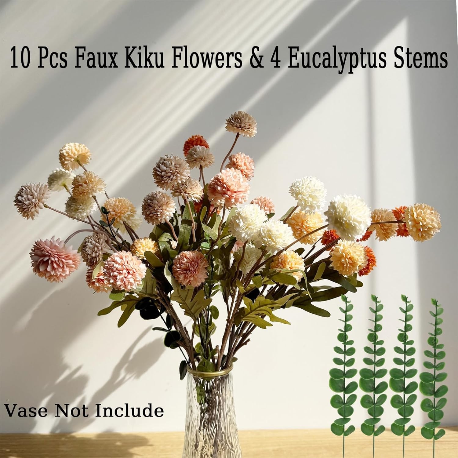 10pcs Faux Mixed Color Kiku Flowers, 5 Heads Each Stem & 4 Branches Eucalyptu