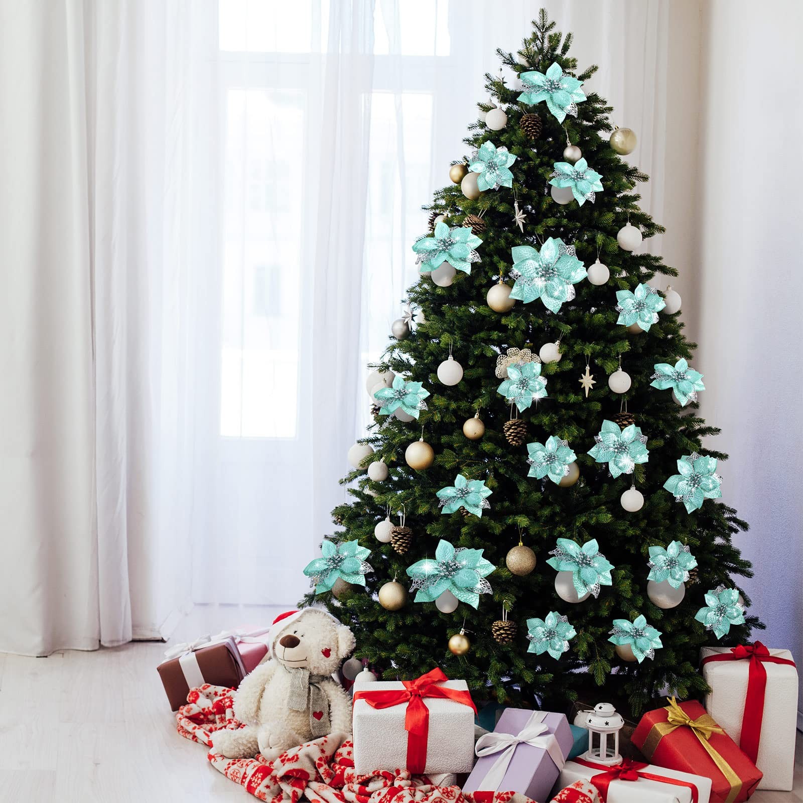 Mint Green Christmas Artificial Glitter Poinsettia Flowers 72 PCS 3 Sizes