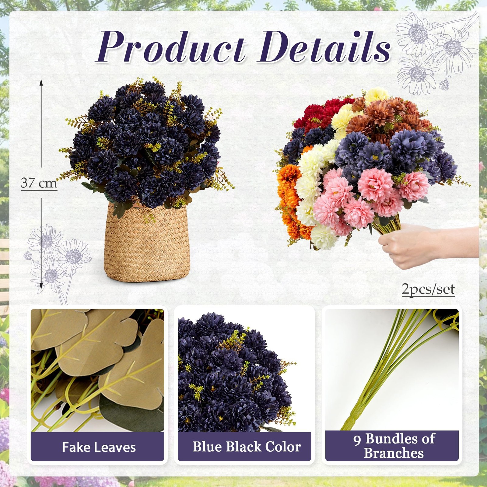 2 PCS 18 Heads Navy Blue Artificial Chrysanthemum Silk Fake Flowers Bouquet