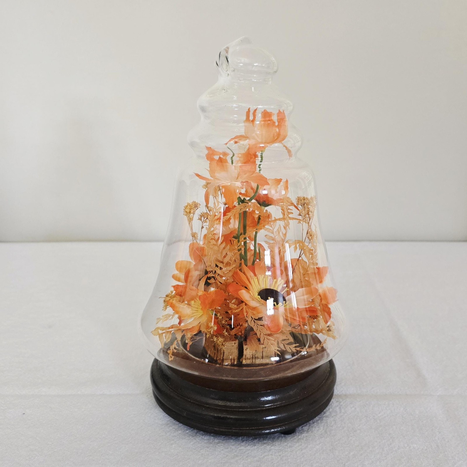 Vintage Kmart Orange Faux Floral Arrangement Glass Cloche, Bell Jar Dome on