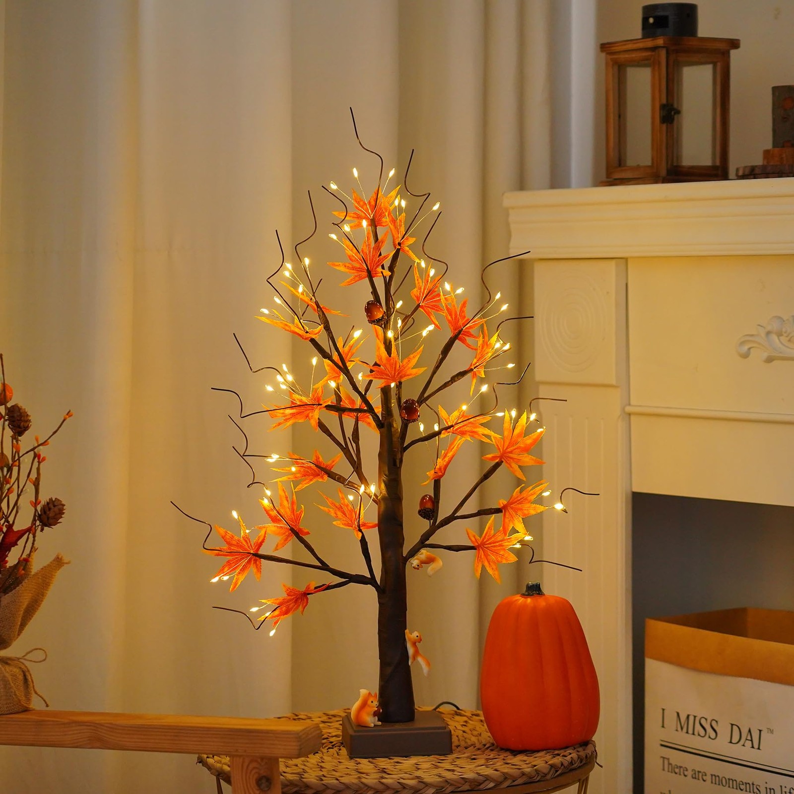 24” 72 LED Fall Decorations for Home, Birch Tree Lighted Fall Maple Leaves Ar…