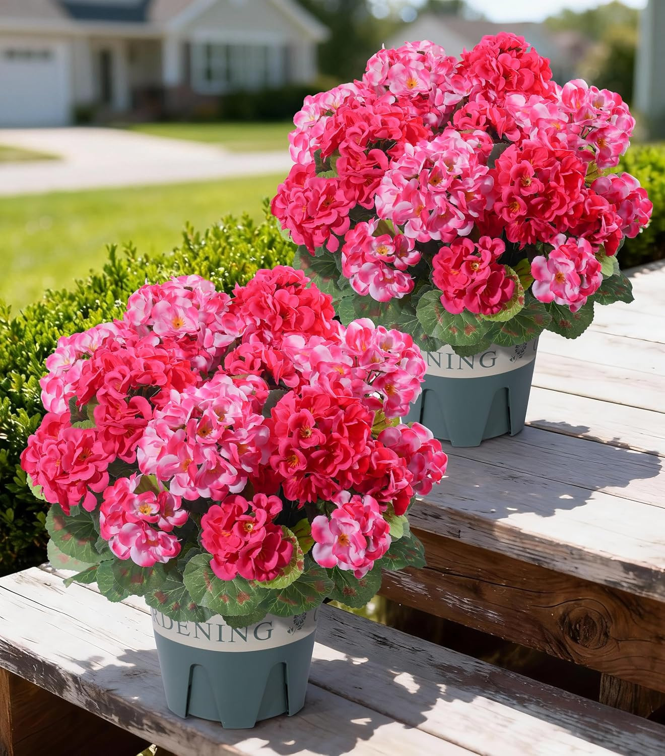 Geraniums Artificial Flowers for Outdoors, 2 Pack Potted Plants Pink Faux Gerani