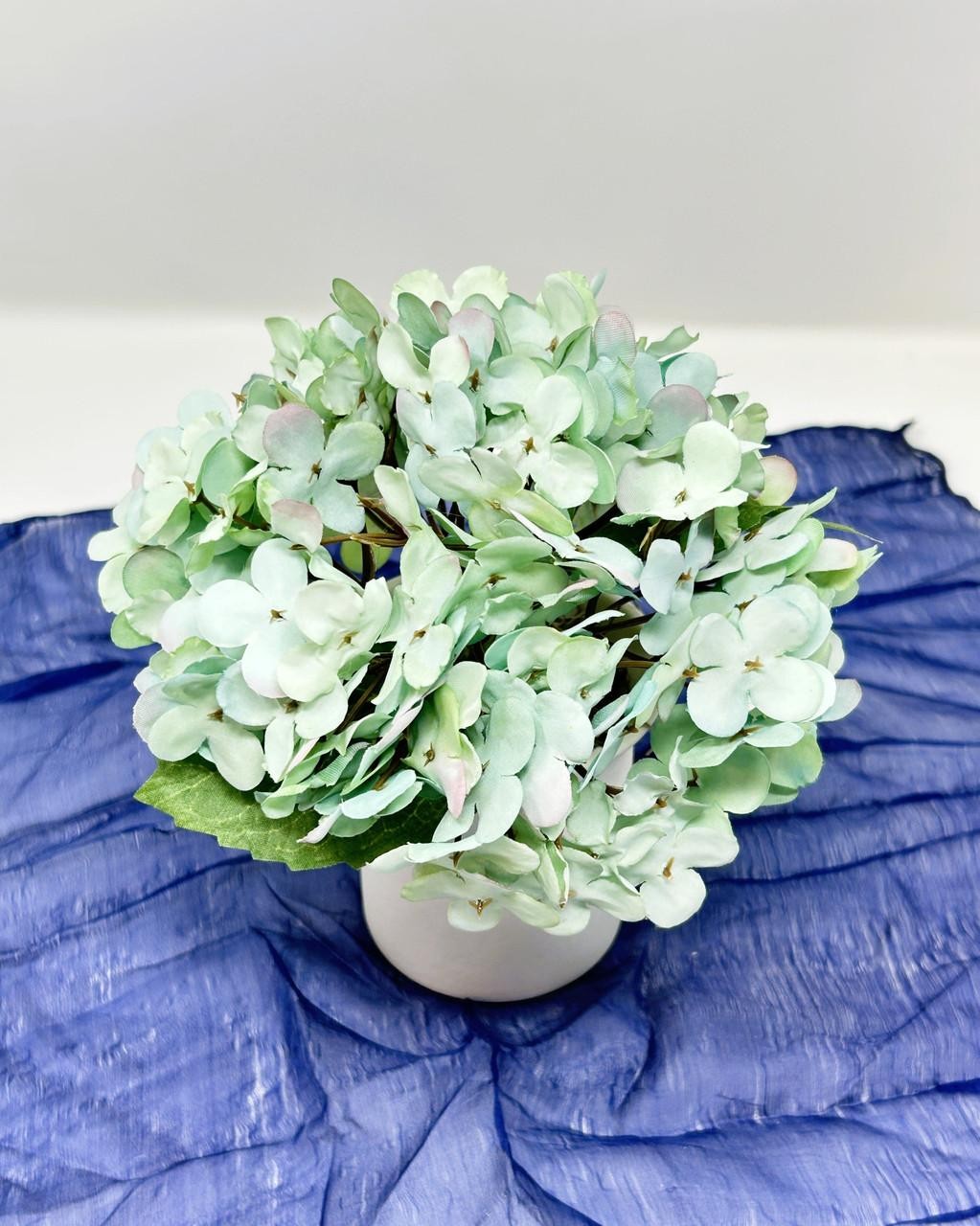6.5″ Artificial BLUE-GREEN HYDRANGEA faux Silk flower, smooth matte ceramic pot