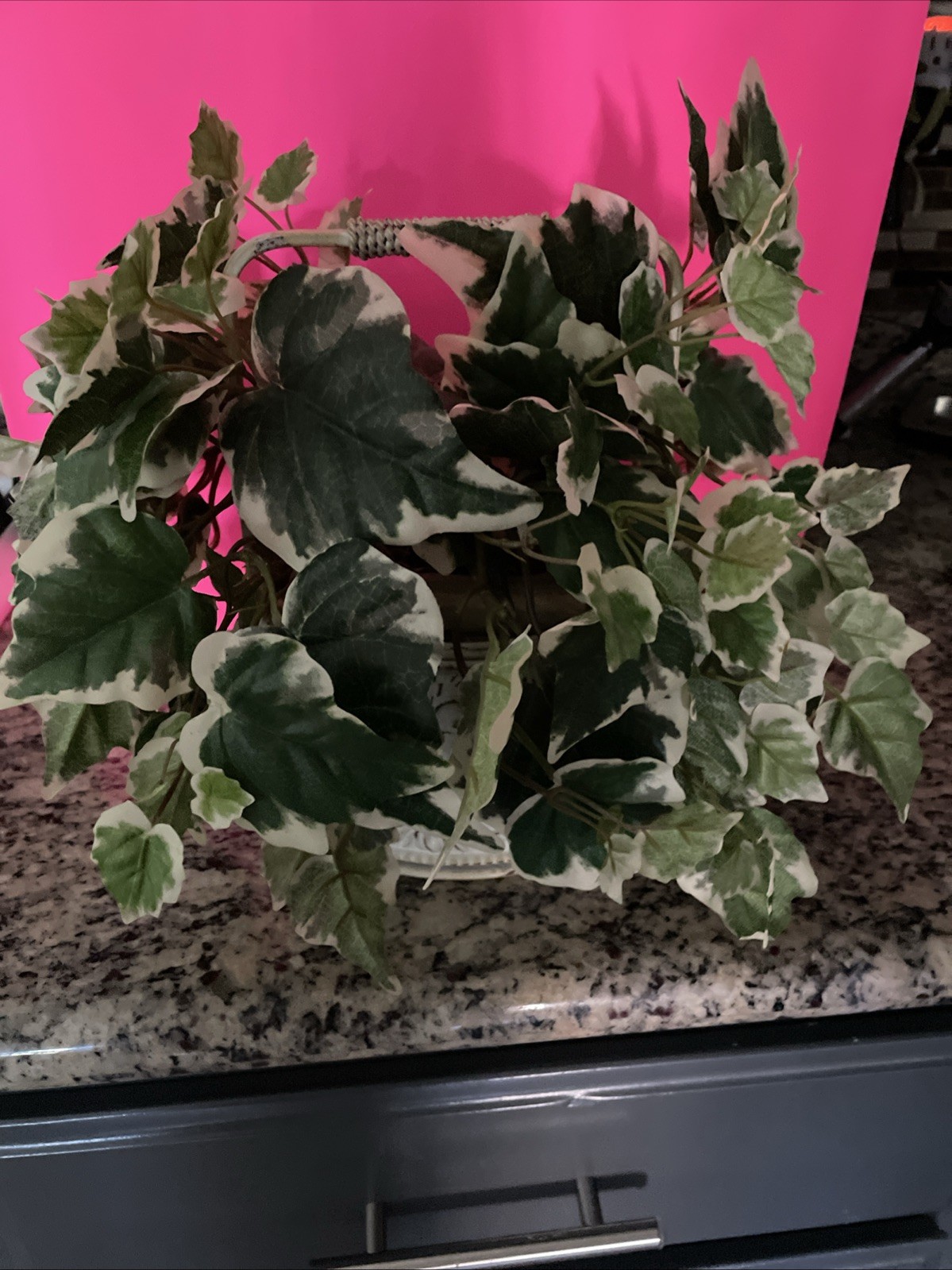 Artificial Ivy Plant In Heavy Pot, Inside Metal Basket