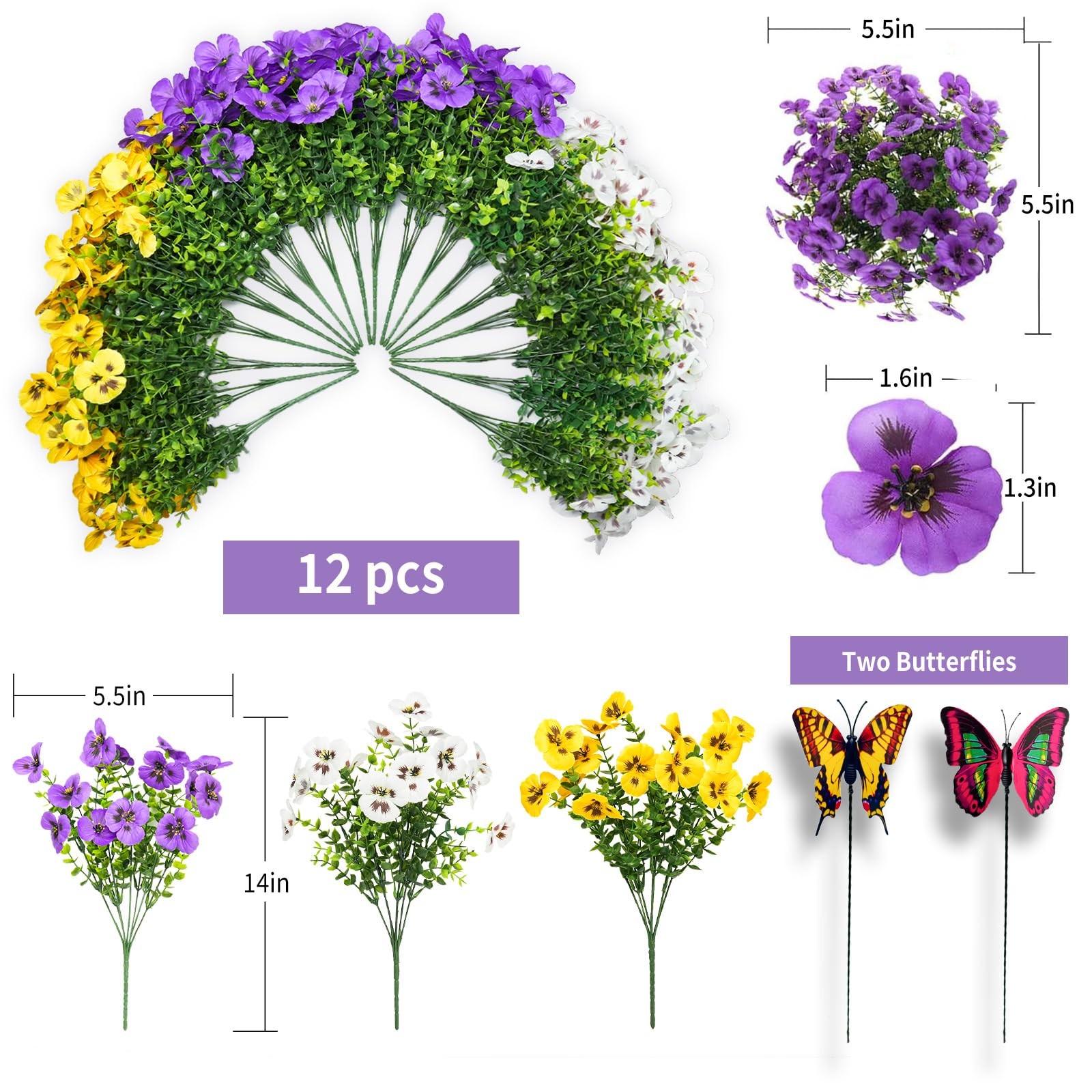 Artificial Silk Pansy Flowers with Decorative Butterflies, UV Resistant Water…
