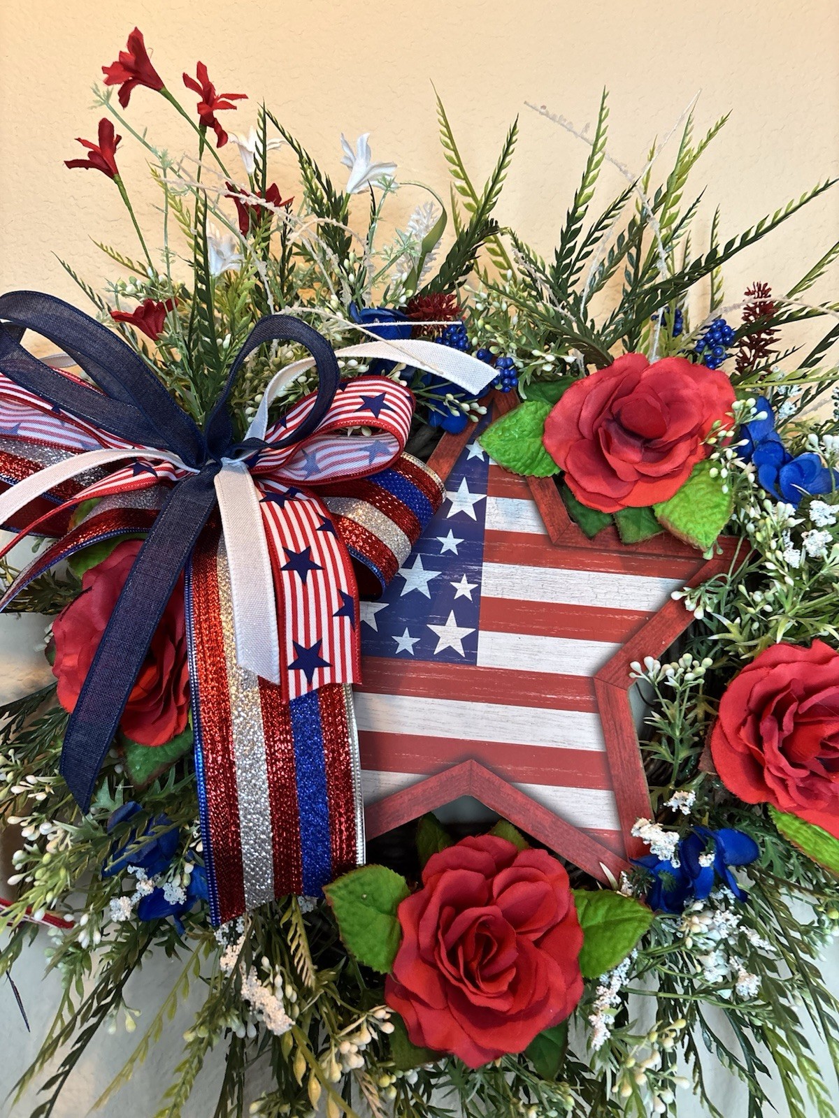 Patriotic Wreath USA Flag Red White Blue Front Door Decor Bow