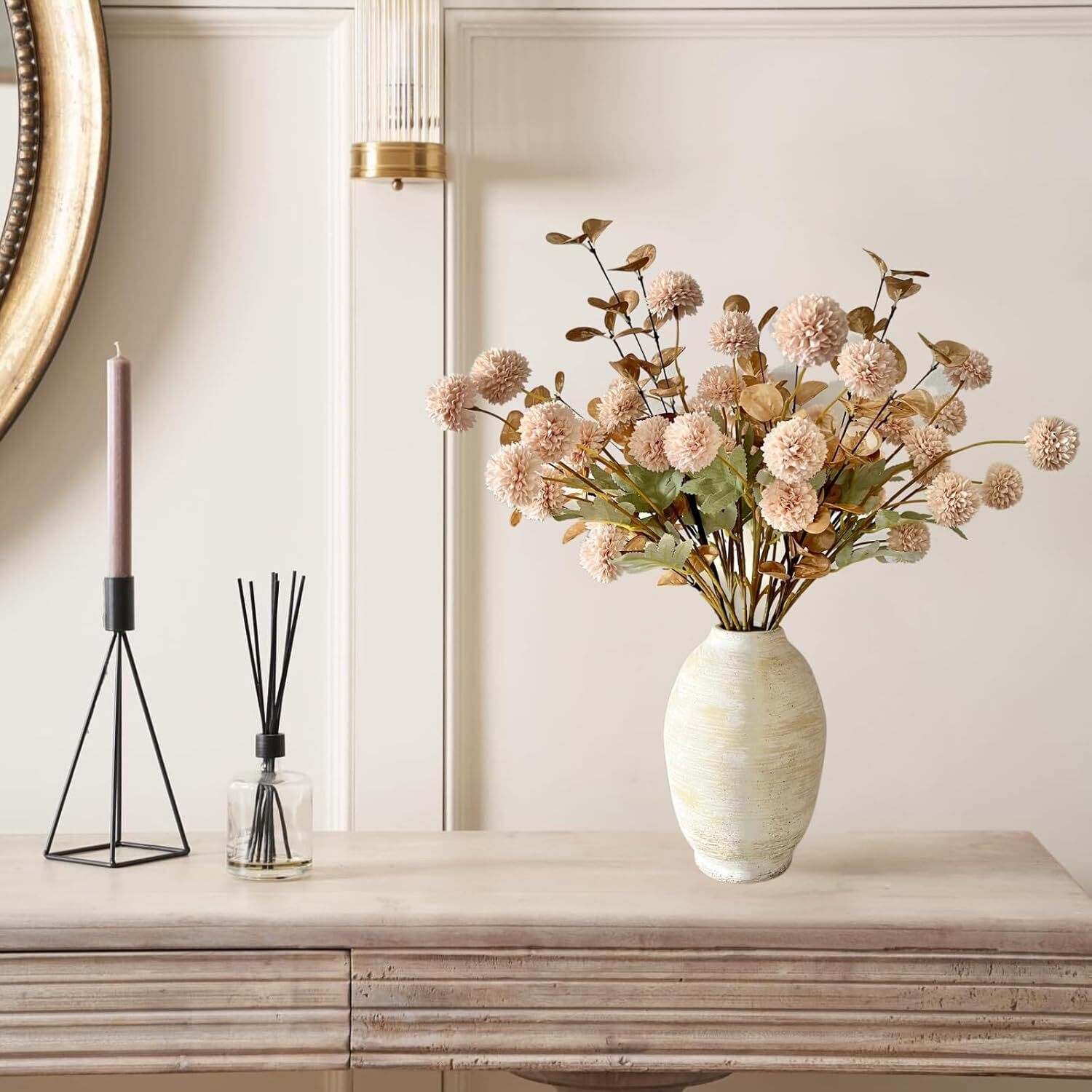 Beige Flowers Artificial + Eucalyptus, Fake Mums Long Stem Flowers, Tan Nude Cre