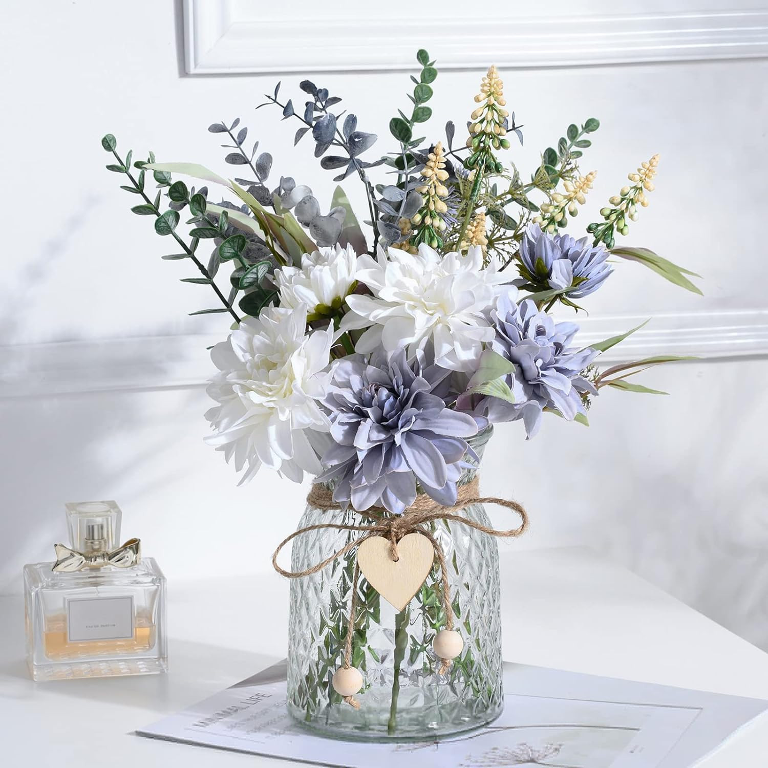 Artificial Blue Flower Arrangements in Vase for Home Decor & Centerpieces