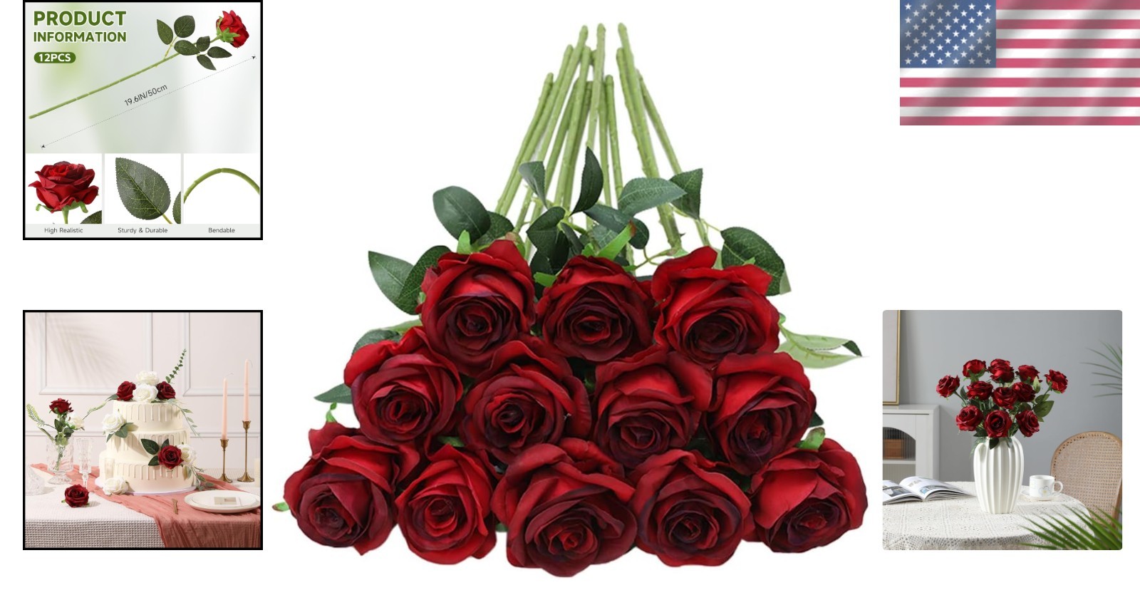 12pcs Burgundy Red Artificial Roses – Realistic Silk Bouquet for Elegant Decor