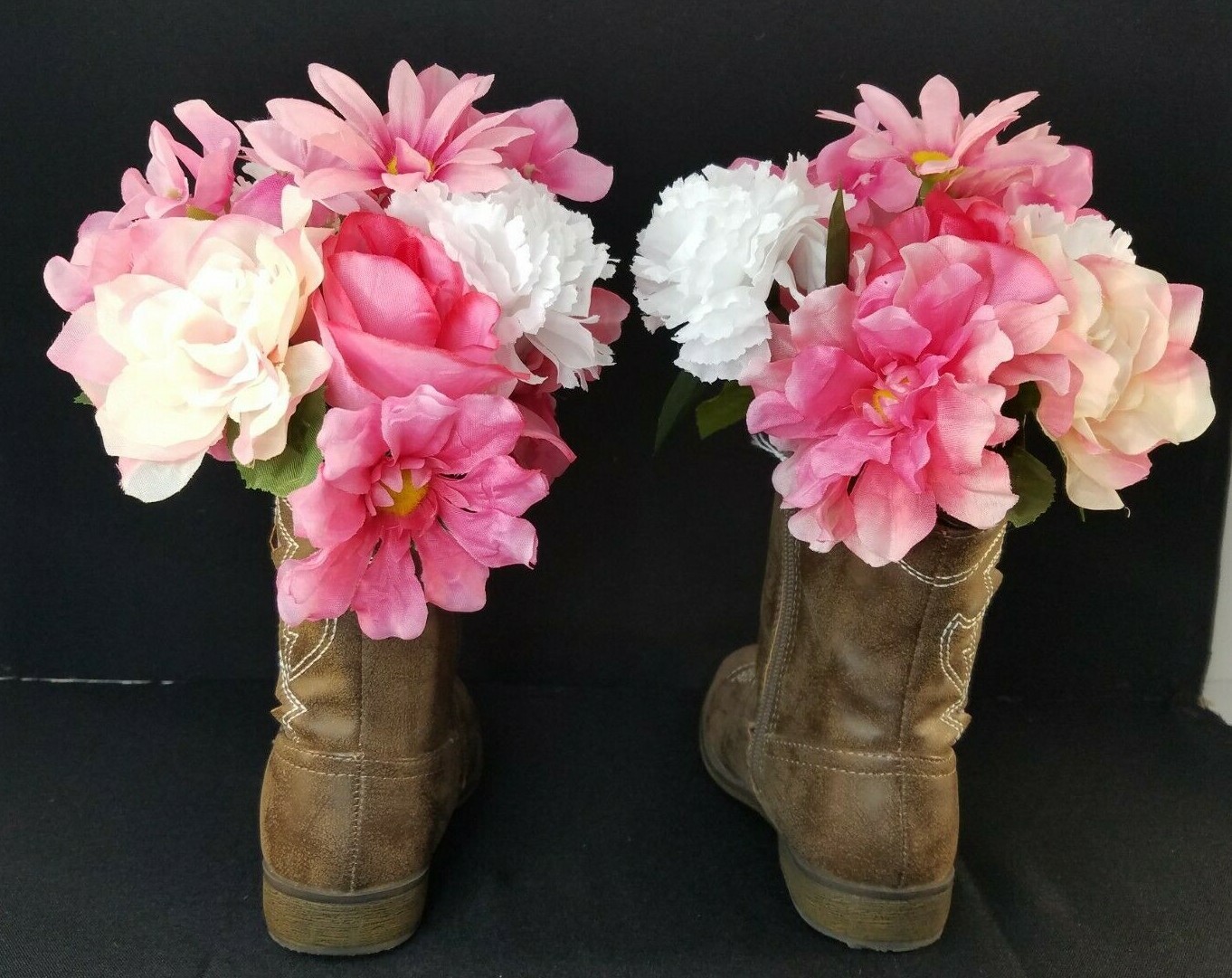 Pink Flowers In Cowboy Boots Handmade Original By Andrea Floral Décor B16-370