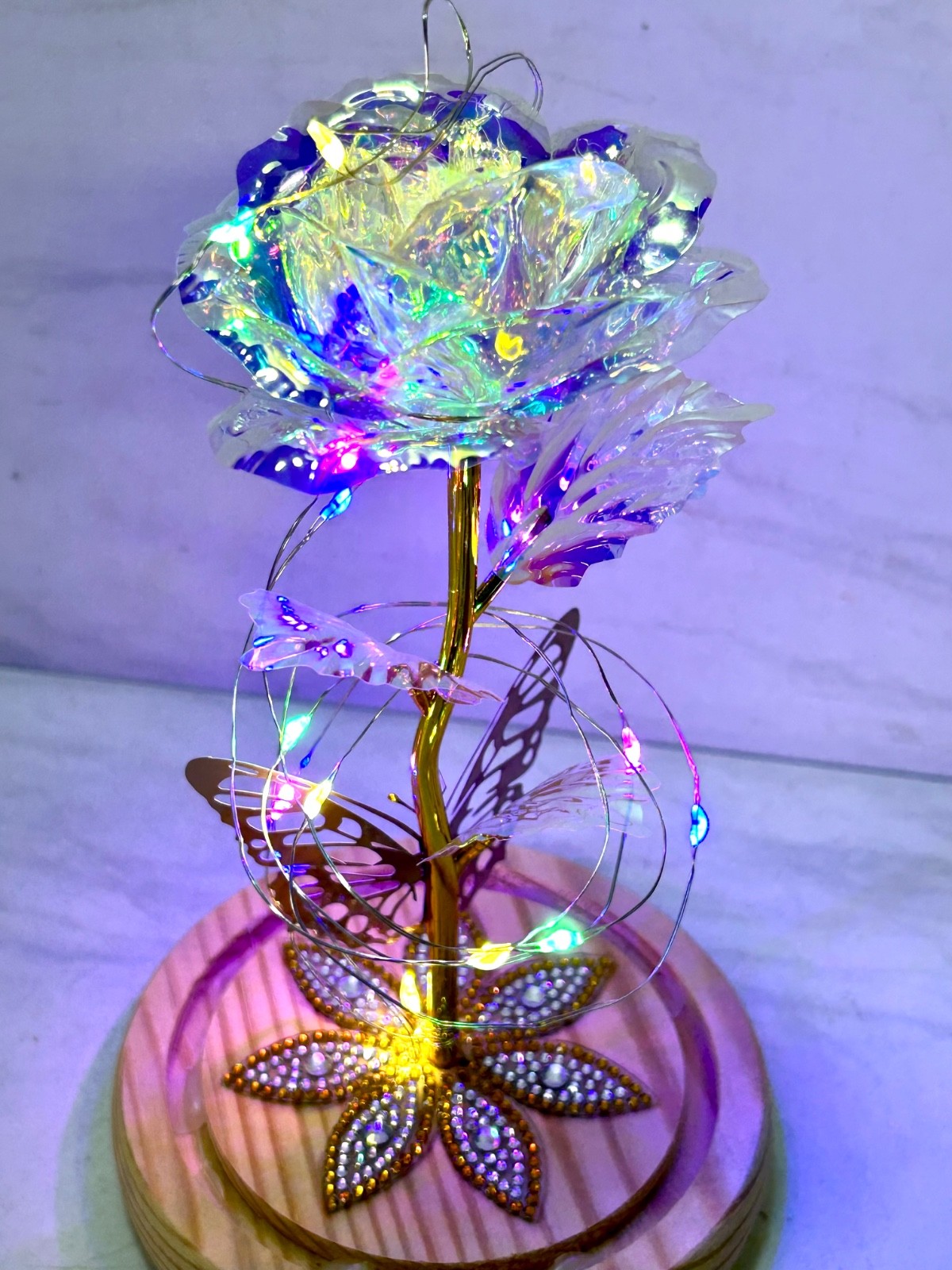 Galaxy Rose Butterfly in Glass Dome LED Light Up Eternal Flower Mother’s Day Gif