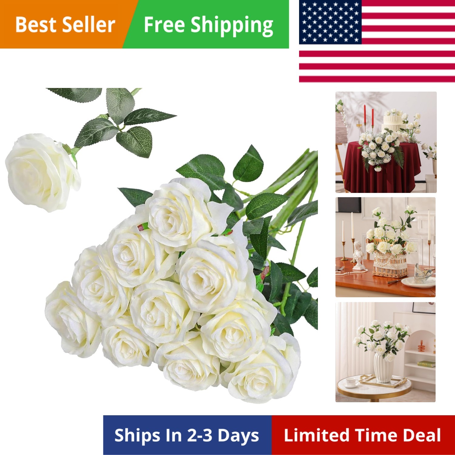 Artificial Silk Rose Flower Bouquet Lifelike White Fake Rose for Wedding Home…