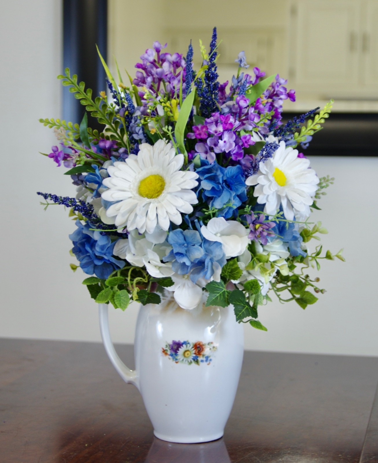 Silk Daisy and Lilac Arrangement in 1800’s Germany Lusterware Coffee Pitcher