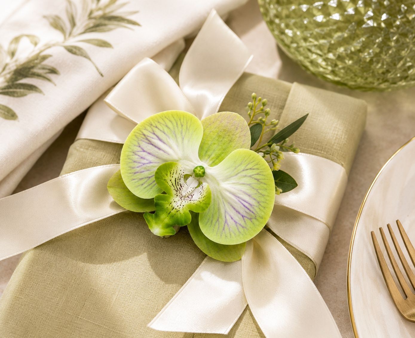 Jade Green Real Touch Orchid Heads Set of 2, 3.5 Inch Phalaenopsis Blooms for Co