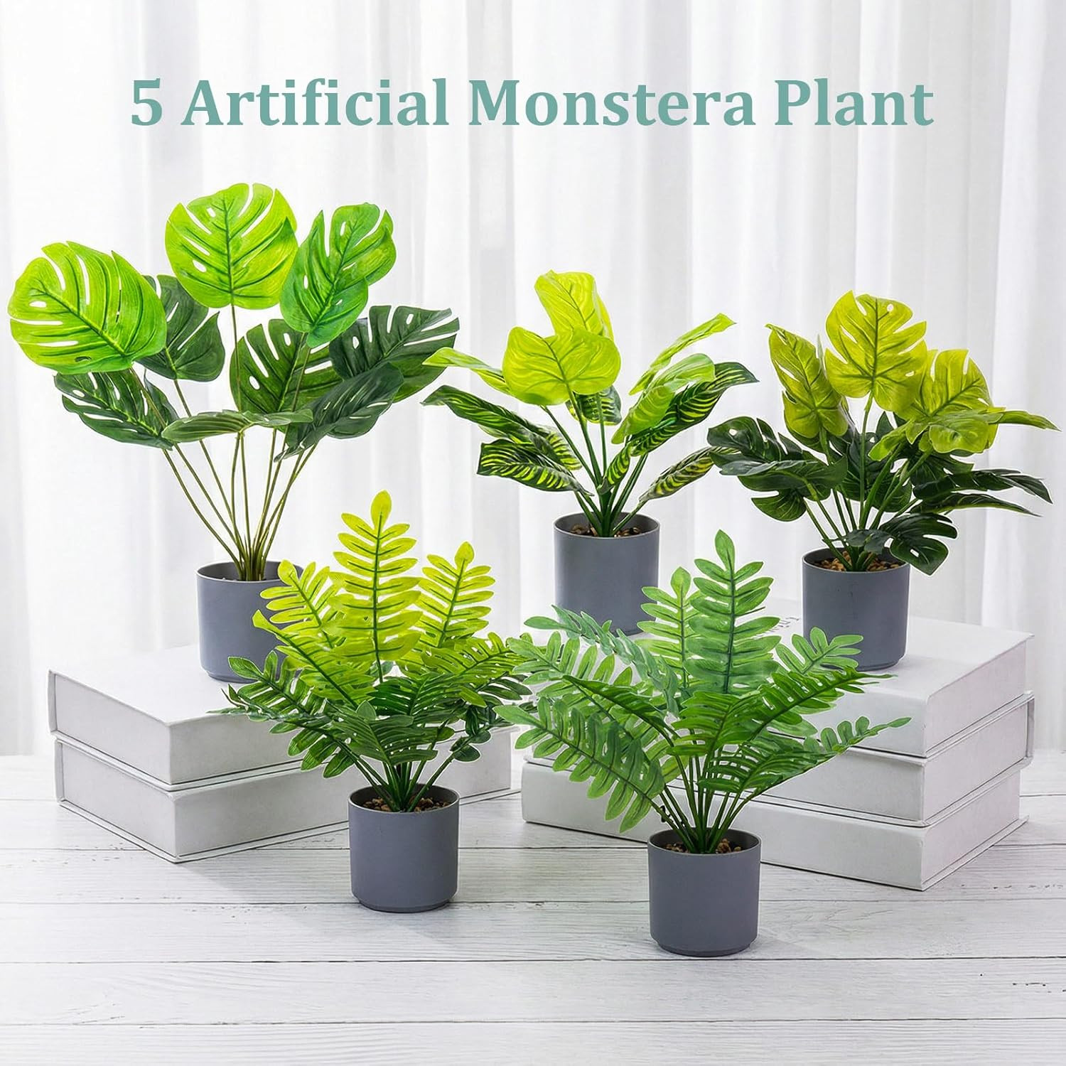 5 Pcs 11 Inch Artificial Potted Tropical Plants Indoor Small Faux Monstera Plant